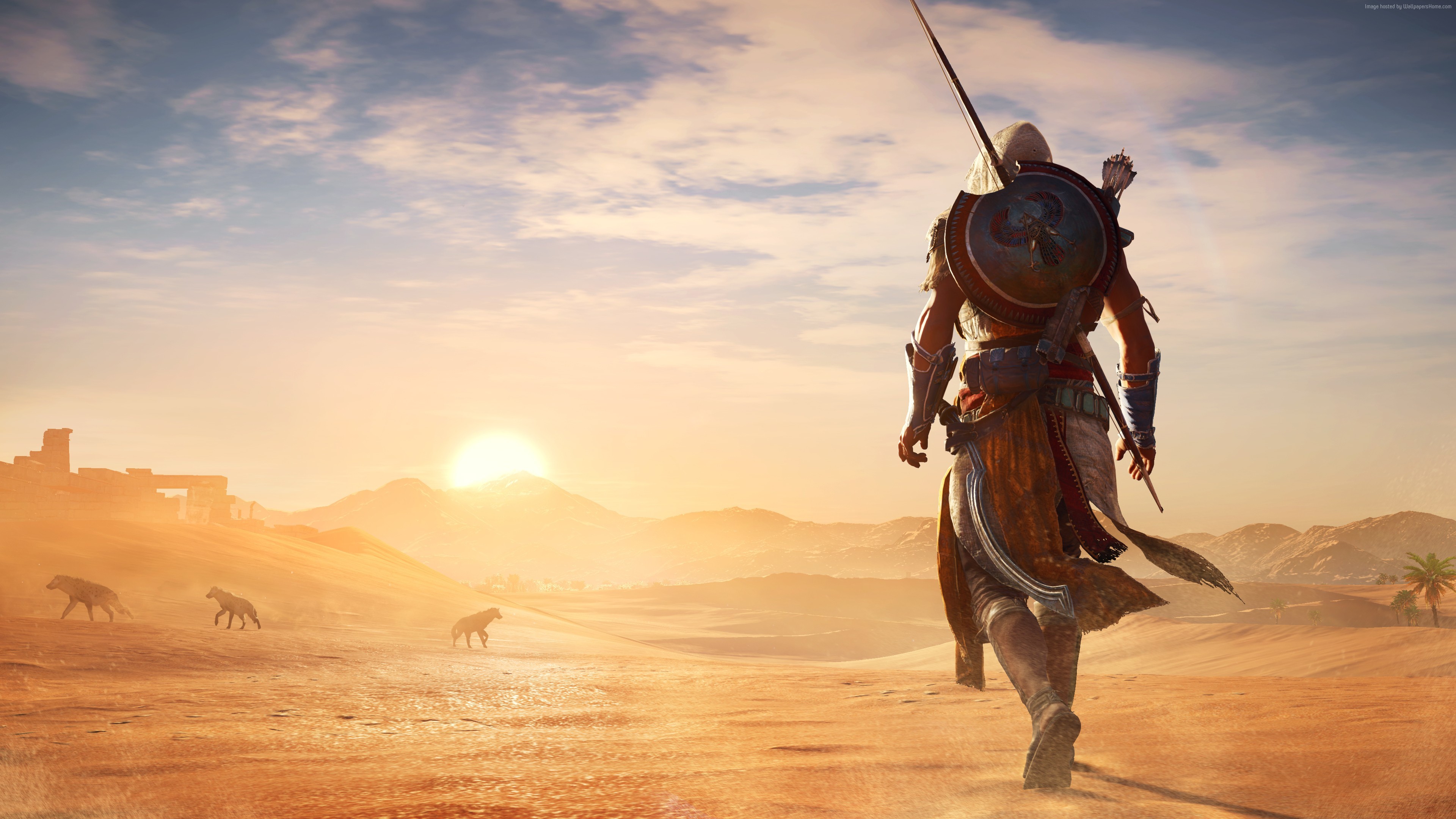 Bayek, Assassin's Creed Origins, Egitto, Deserto, Tramonto, 3840x2160, immagine di sfondo