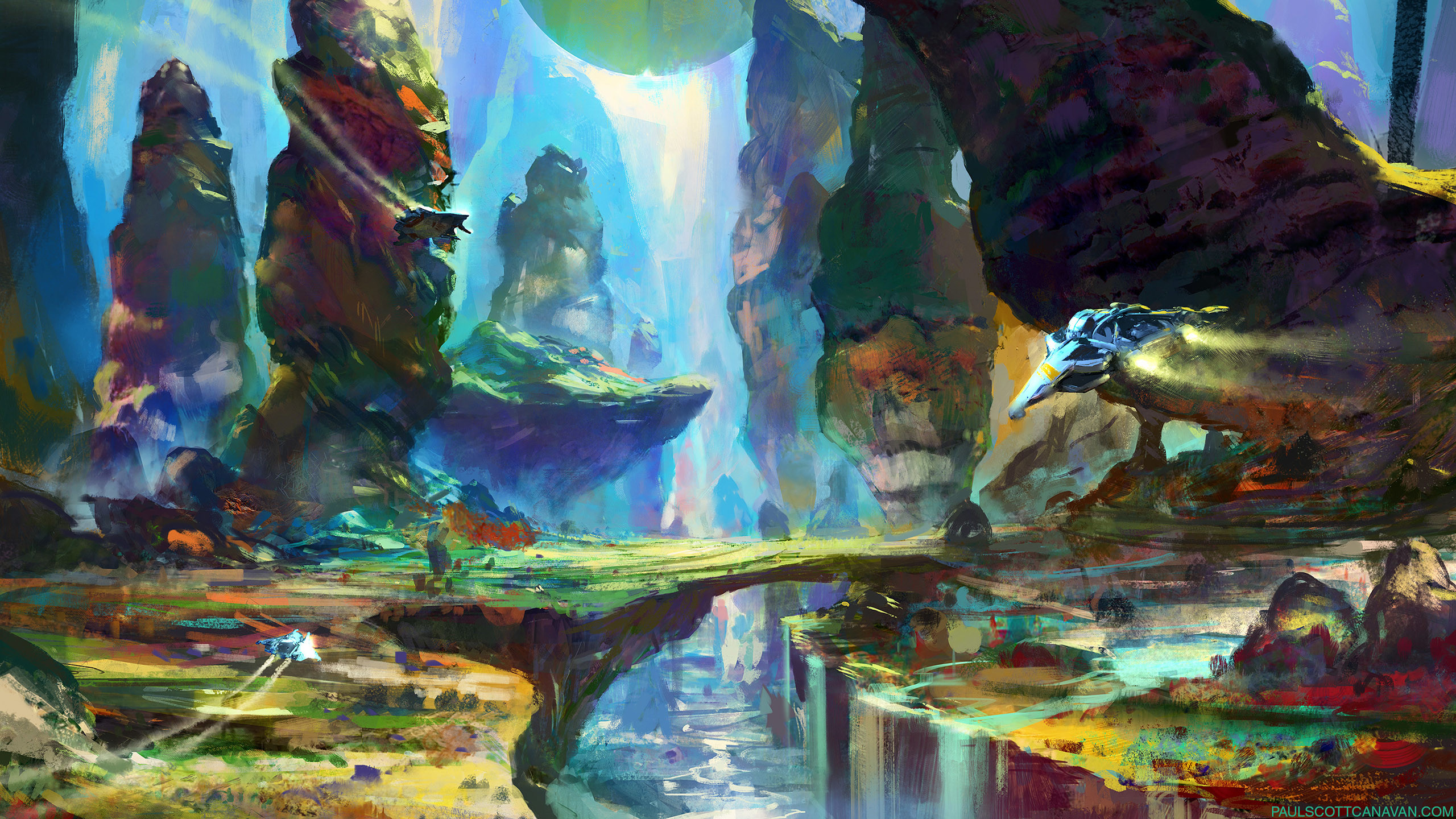 No Man's Sky, Concept art, Cascata, Rocce, Astronave, 2K, sfondo per portatile