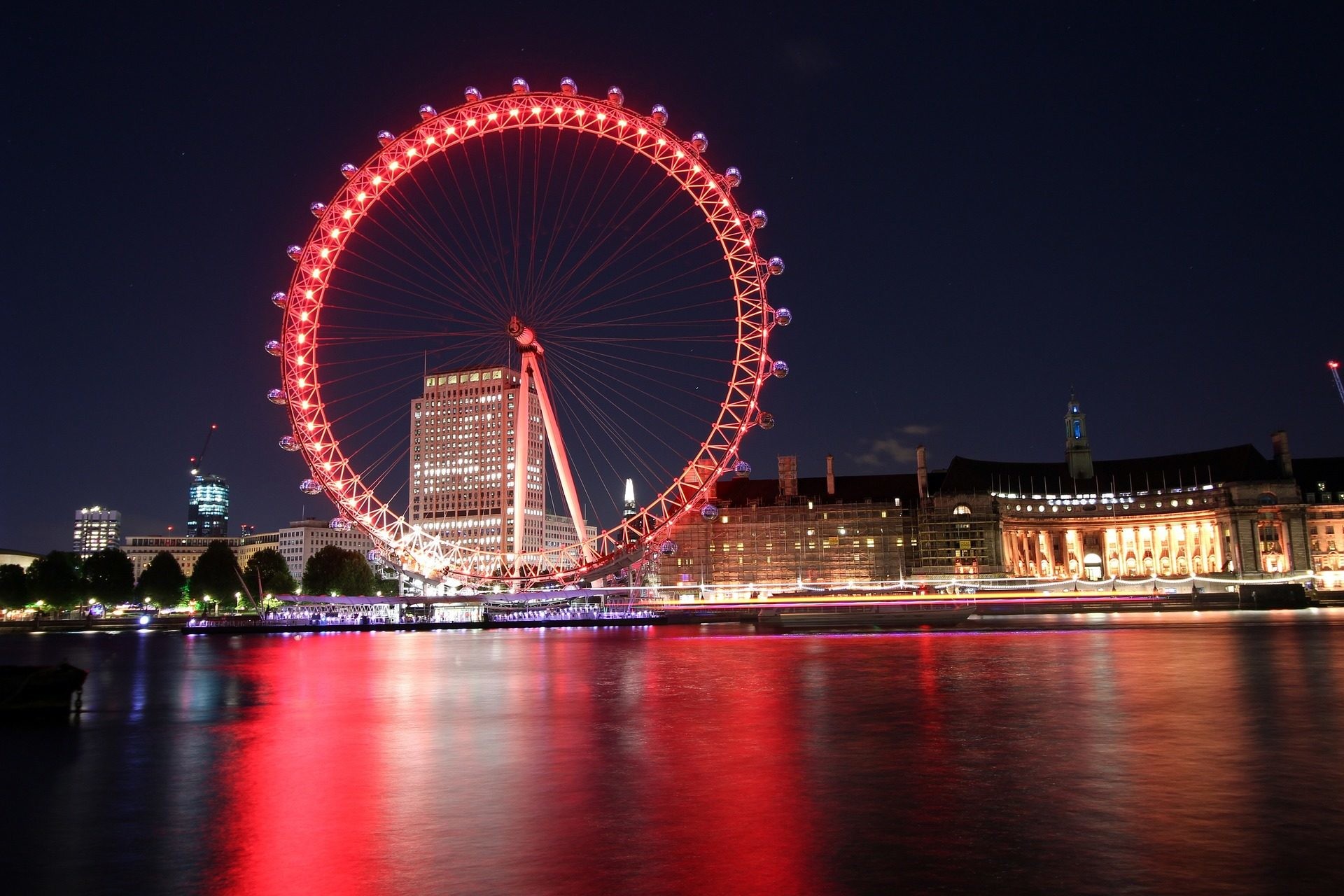 London Eye, Tamigi, Londra, Notte, Luci rosse, Full HD, sfondo Windows 11
