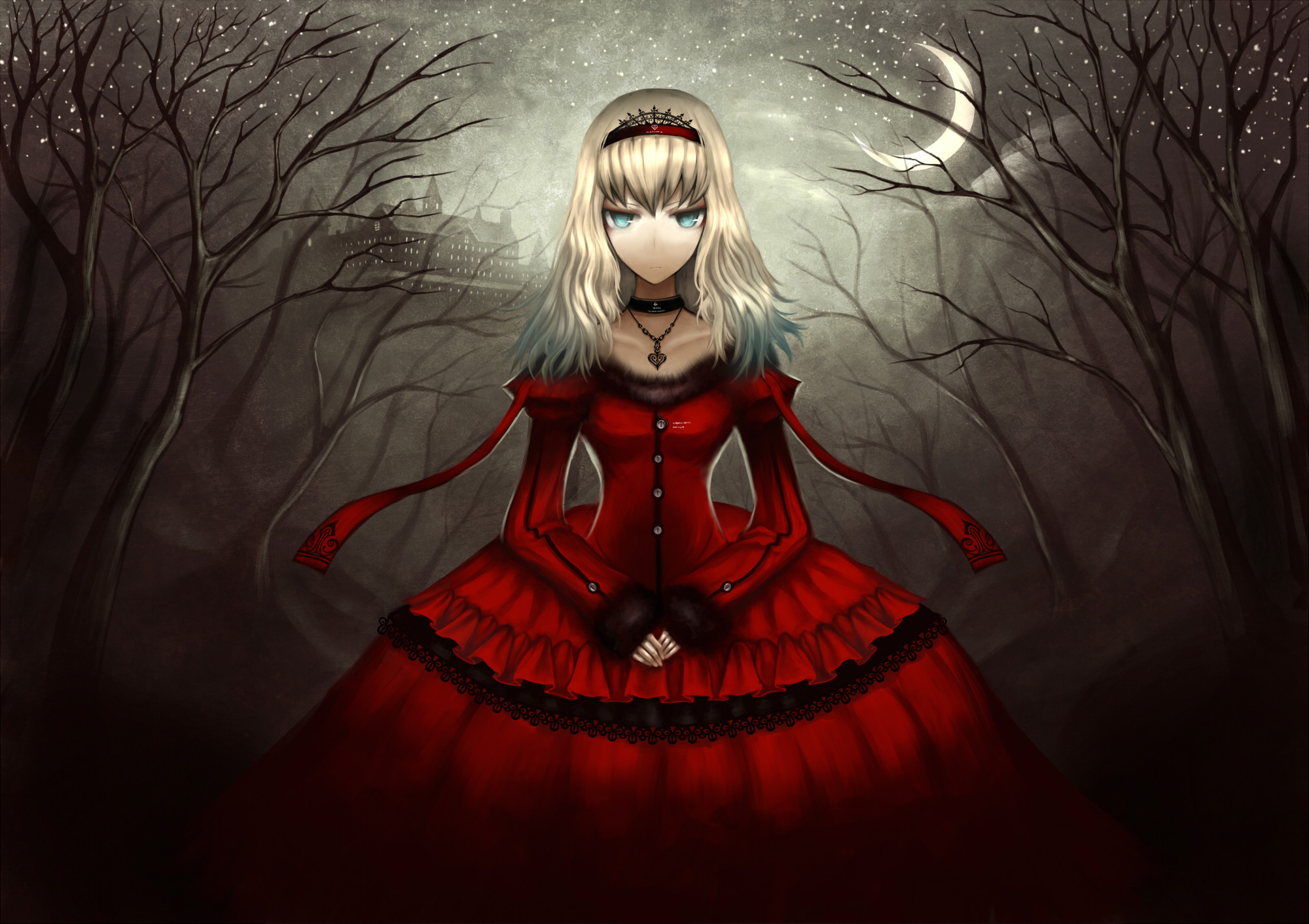 Alice, Abito rosso, Bosco spoglio, Anime, Full HD, sfondo per PC