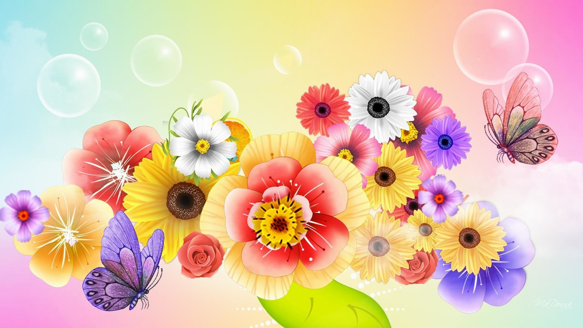 Farfalle, Fiori colorati, Bolle, Illustrazione, Full HD 1080p, sfondo desktop