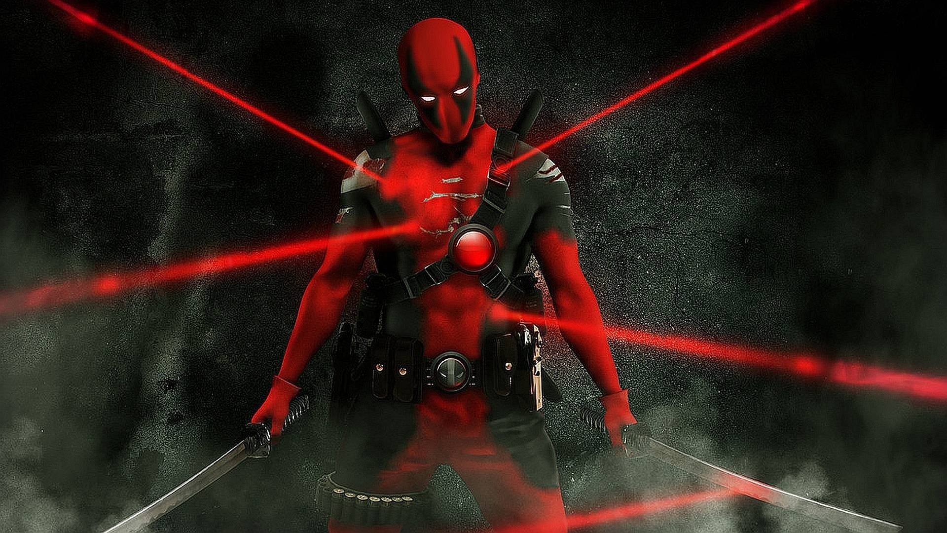 Deadpool, Laser rossi, Katane, Sfondo scuro, Full HD, wallpaper per computer