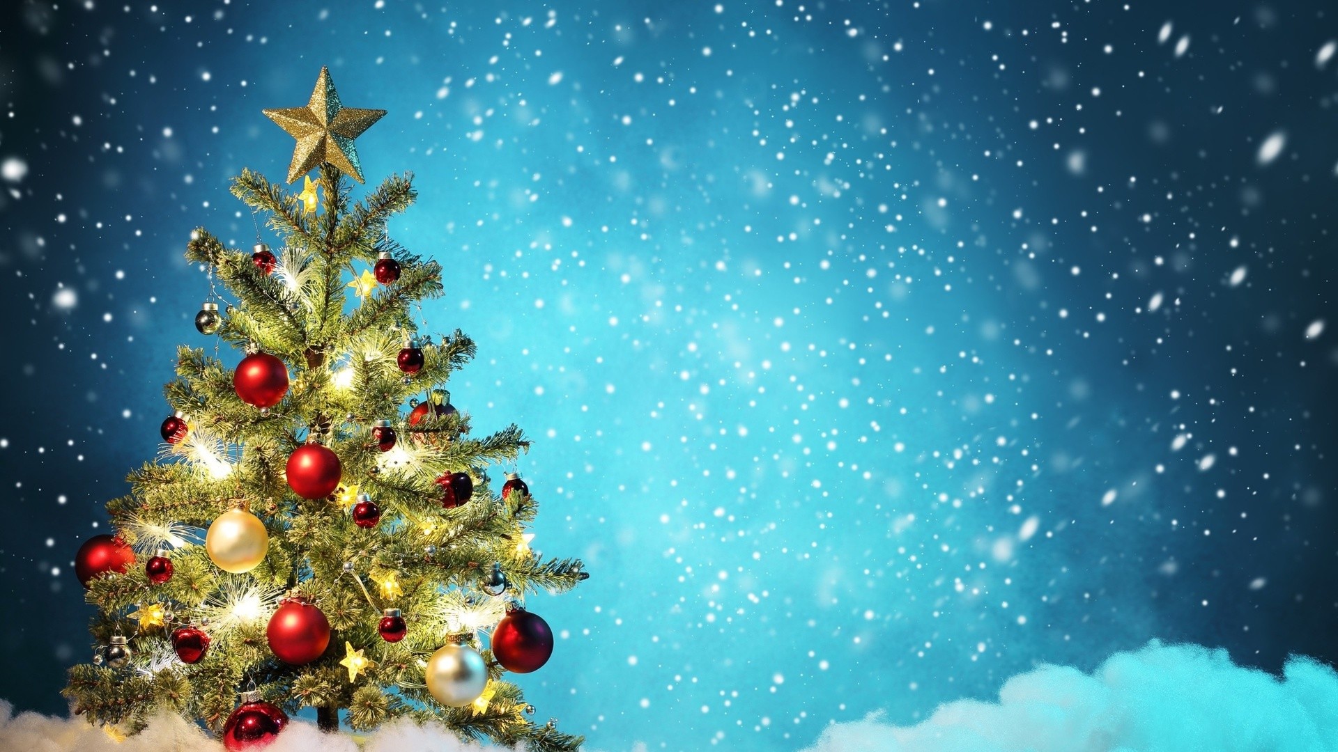 Natale, Albero di Natale, Palline rosse, Stella, Neve, Full HD, sfondo per PC