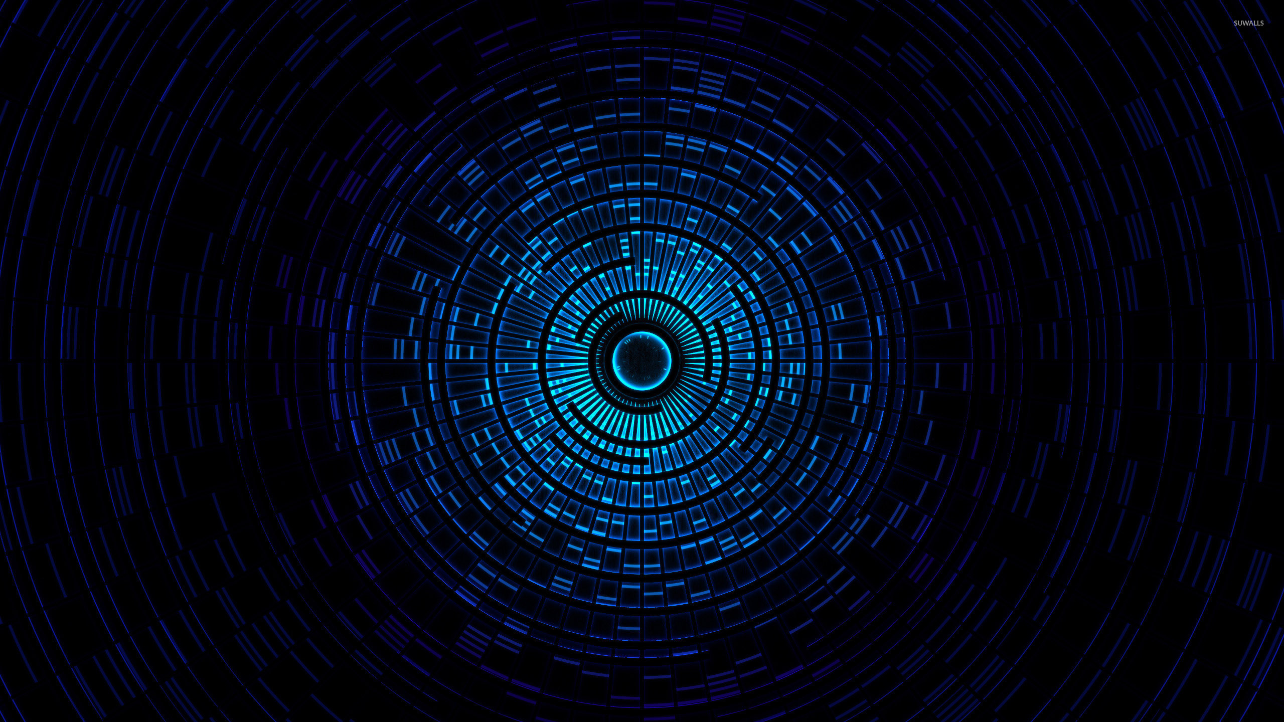 Cerchi concentrici, Digitale, Blu, Sfondo nero, 2K, wallpaper per portatile