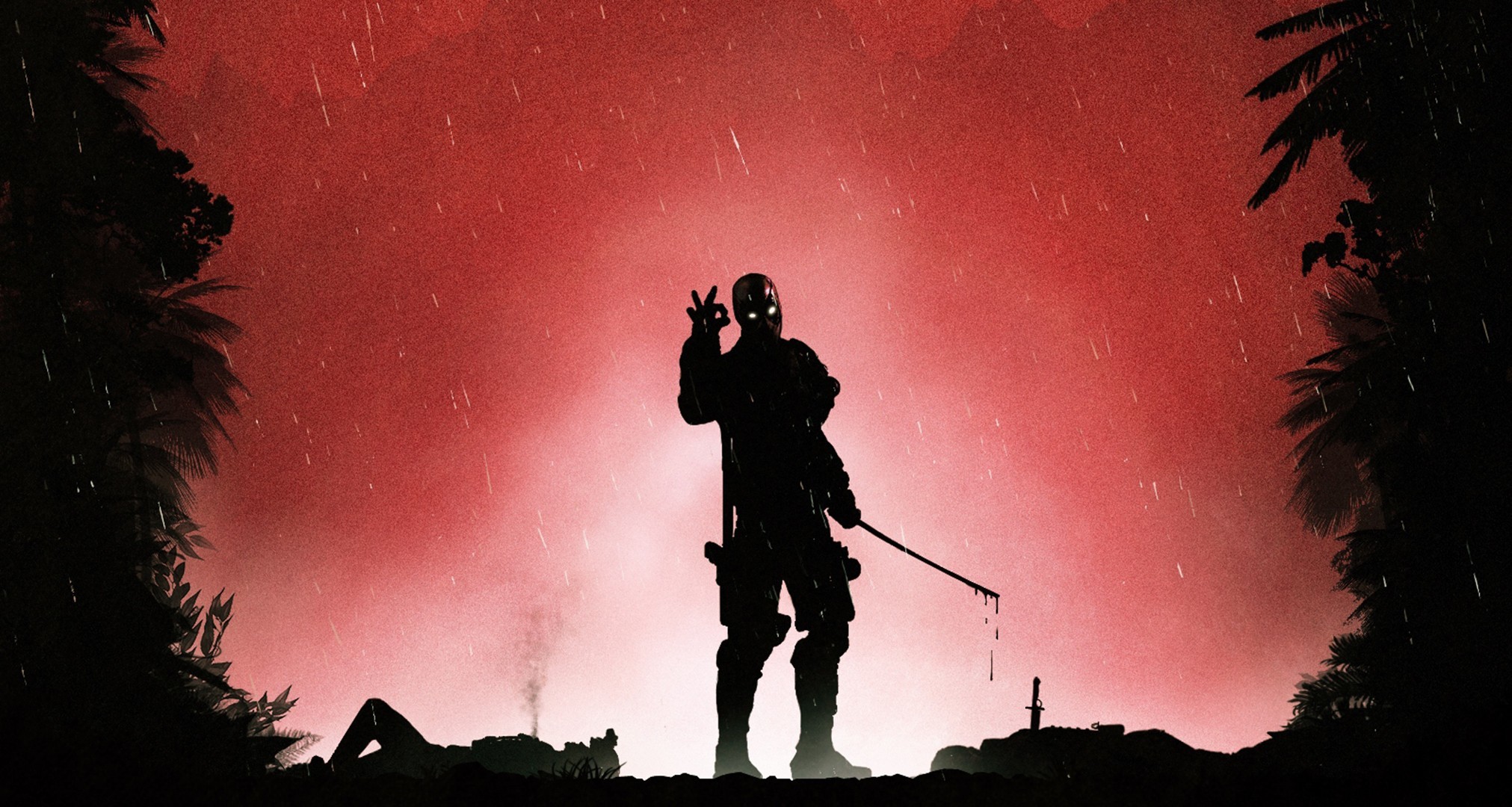 Deadpool, Silhouette, Pioggia, Cielo rosso, Full HD, sfondo Windows 11