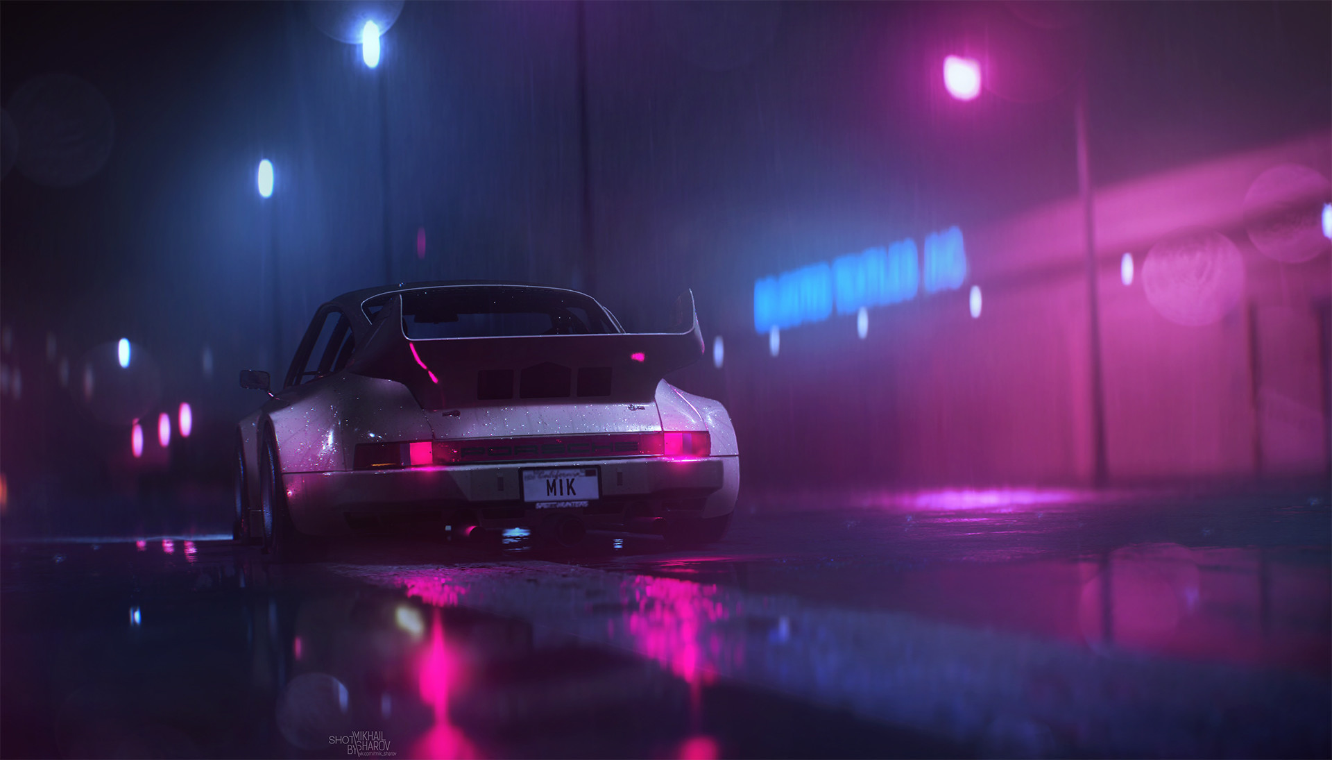 Porsche 911, Synthwave, Notte, Neon, Pioggia, Full HD, sfondo per PC e portatile