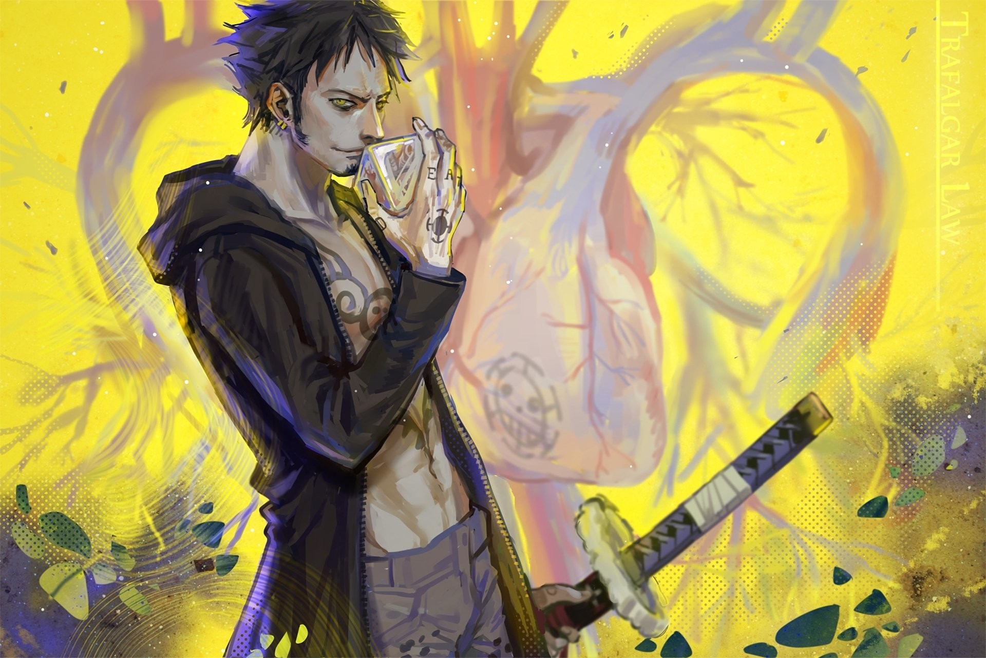 Trafalgar Law, Cuore, One Piece, Giallo, Full HD, sfondo desktop