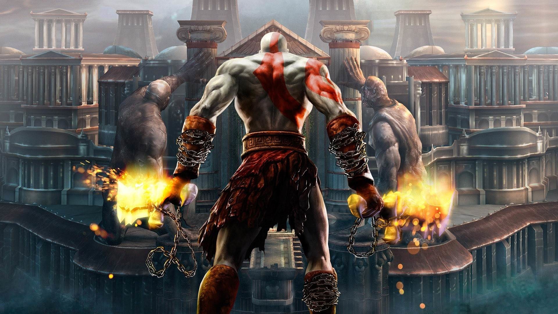 Kratos, God of War II, Lame del Caos, Fuoco, Tempio greco, Full HD 1080p, sfondo desktop