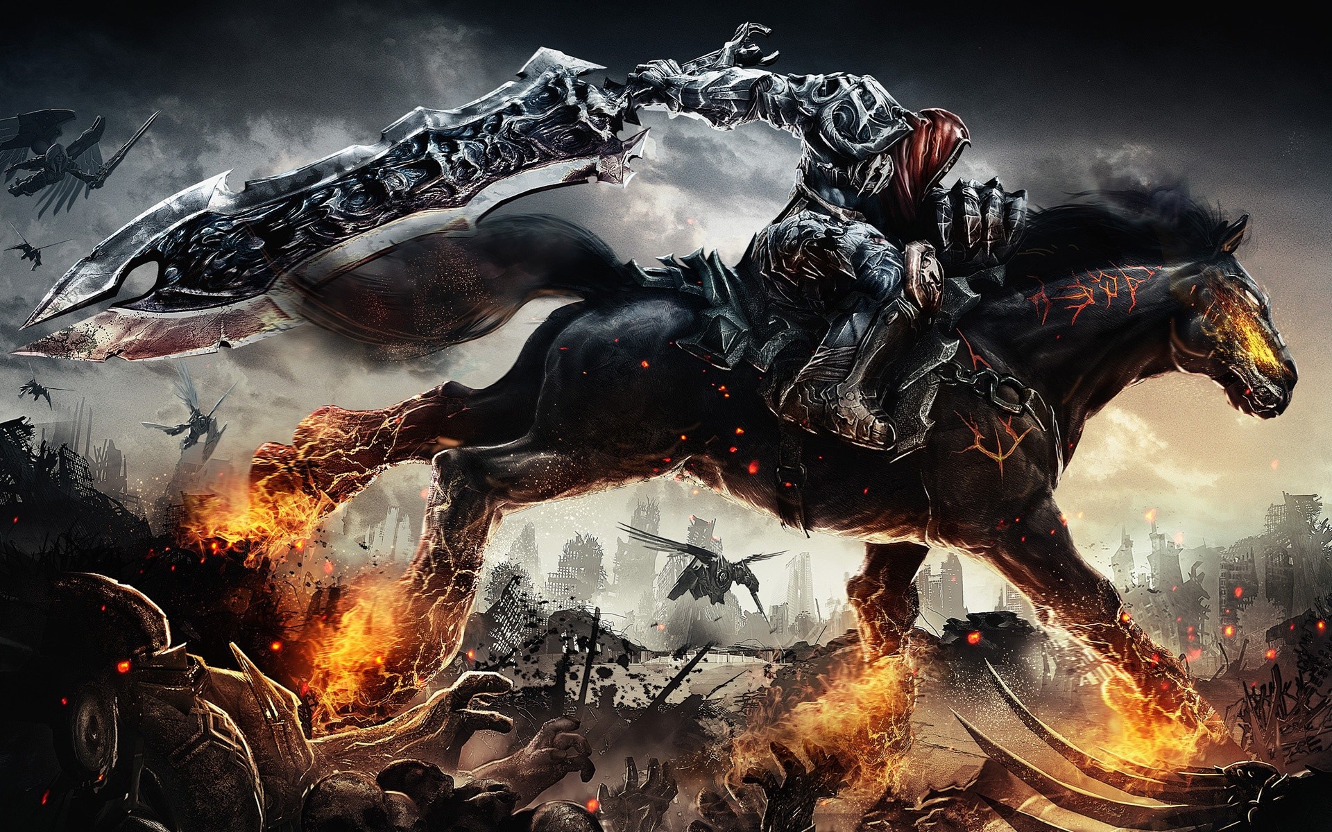 Darksiders, Guerra, Cavaliere dell'Apocalisse, Cavallo infuocato, Videogioco, sfondo Full HD