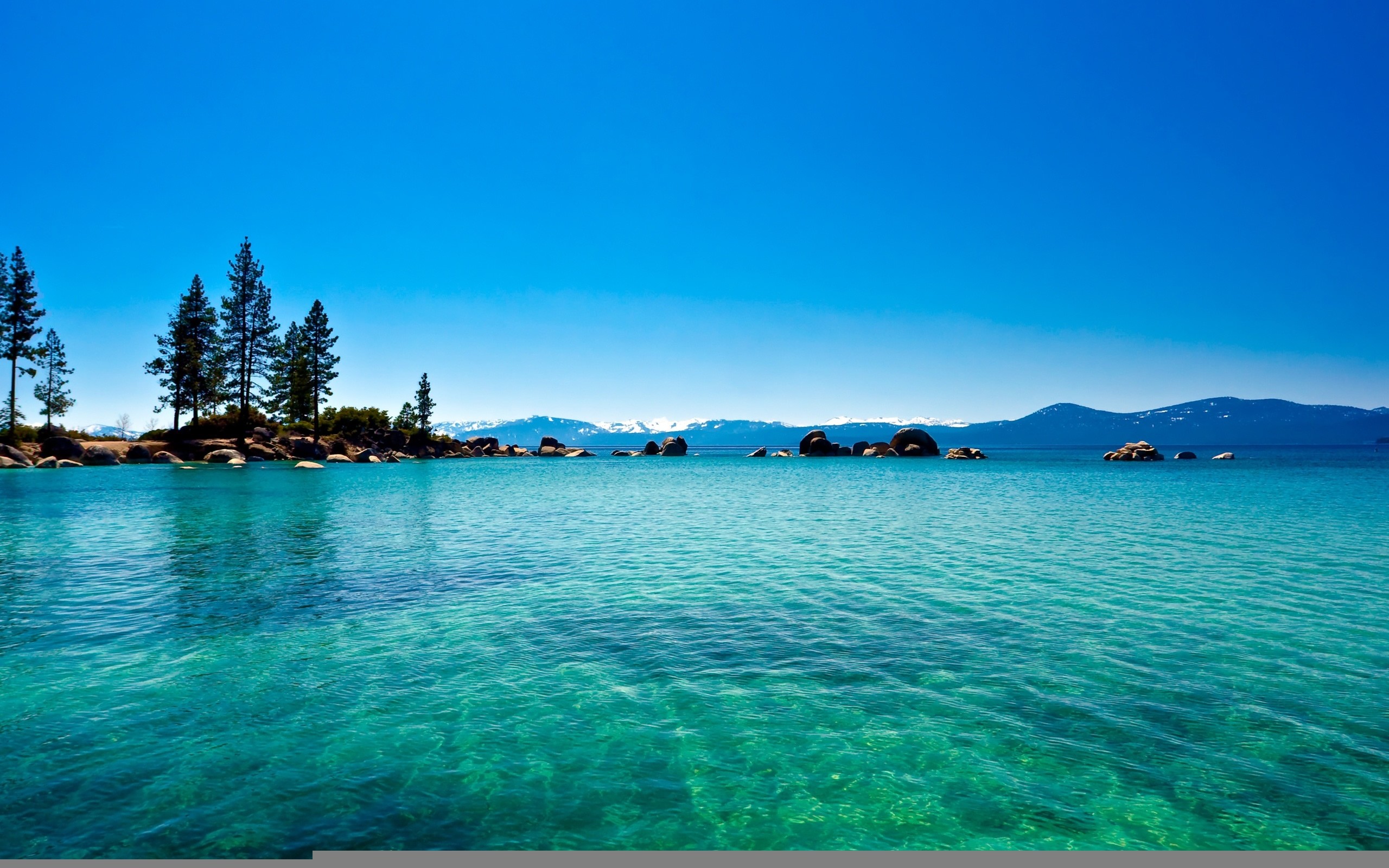 Lago Tahoe, Acqua cristallina, Pini, Cielo azzurro, 2K, immagine di sfondo Mac
