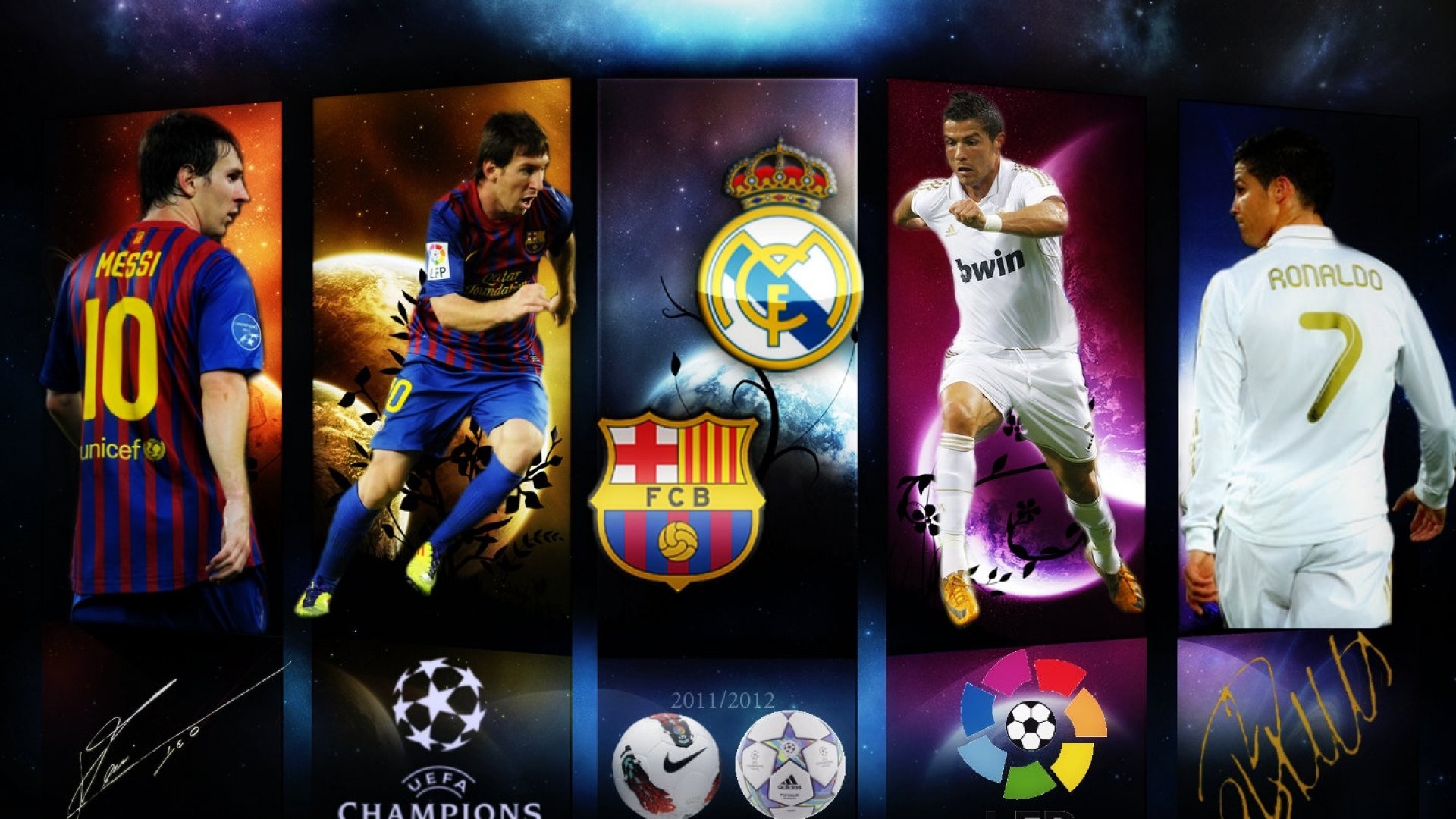 Lionel Messi, Cristiano Ronaldo, FC Barcelona, Real Madrid, UEFA Champions League, Collage, immagine di sfondo