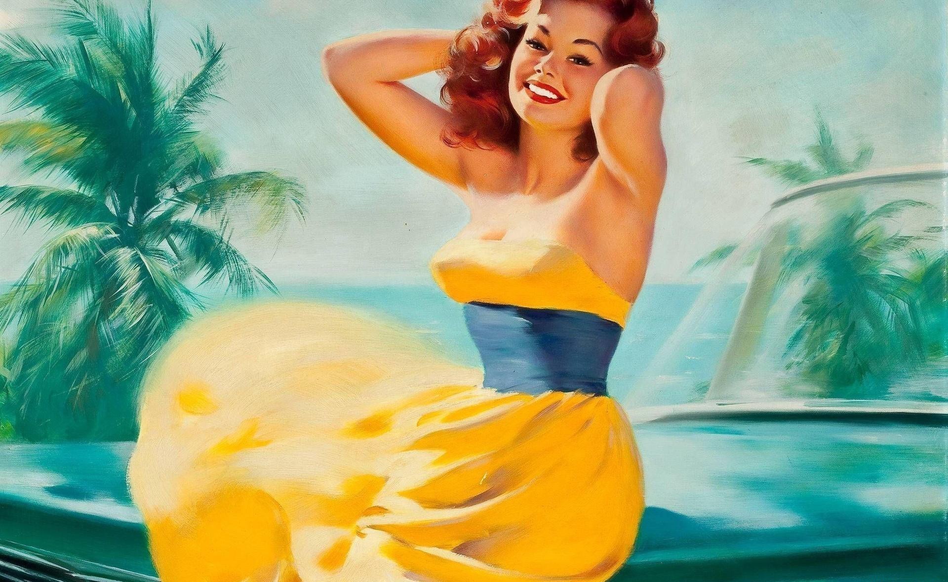 Pin-up, Ragazza rossa, Palme, Abito giallo, Dipinto, Full HD, sfondo Windows 11