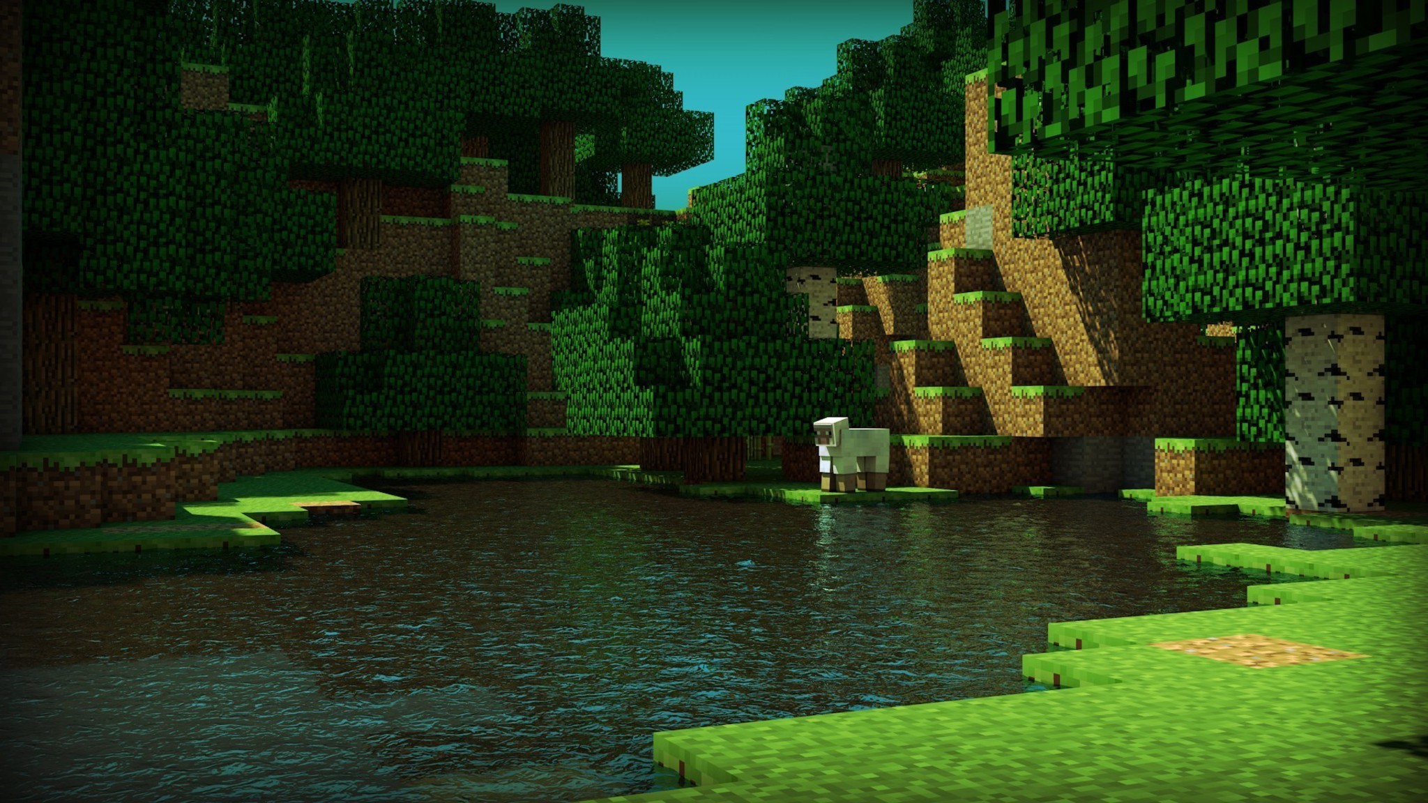 Minecraft, Laghetto, Pecora, Foresta, Full HD, sfondo desktop