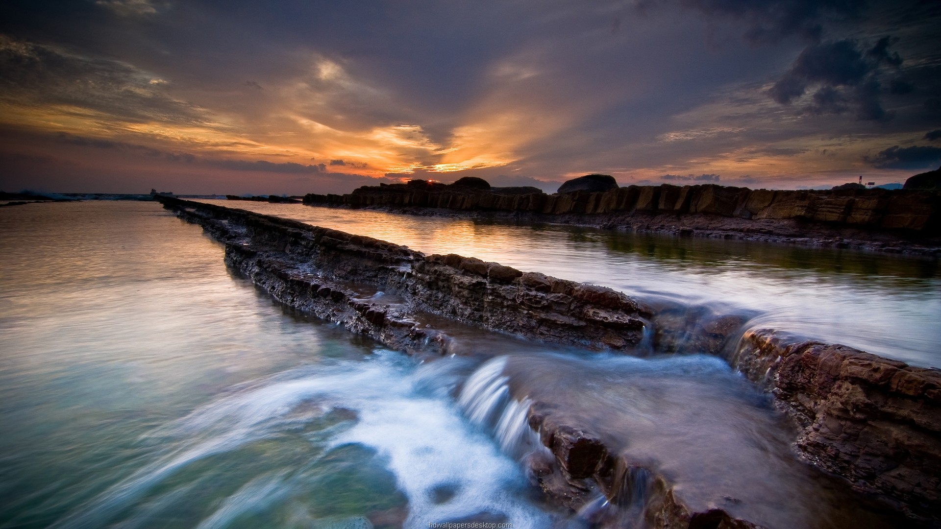Costa rocciosa, Mare, Tramonto, Lunga esposizione, 1920x1080, sfondo per PC