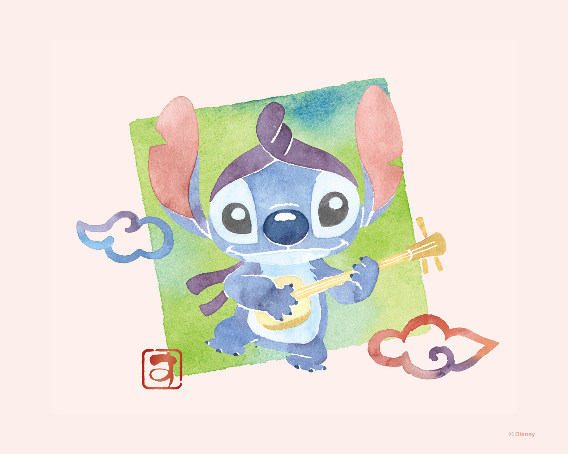 Stitch, Ukulele, Acquerello, Nuvole, Full HD, sfondo per portatile