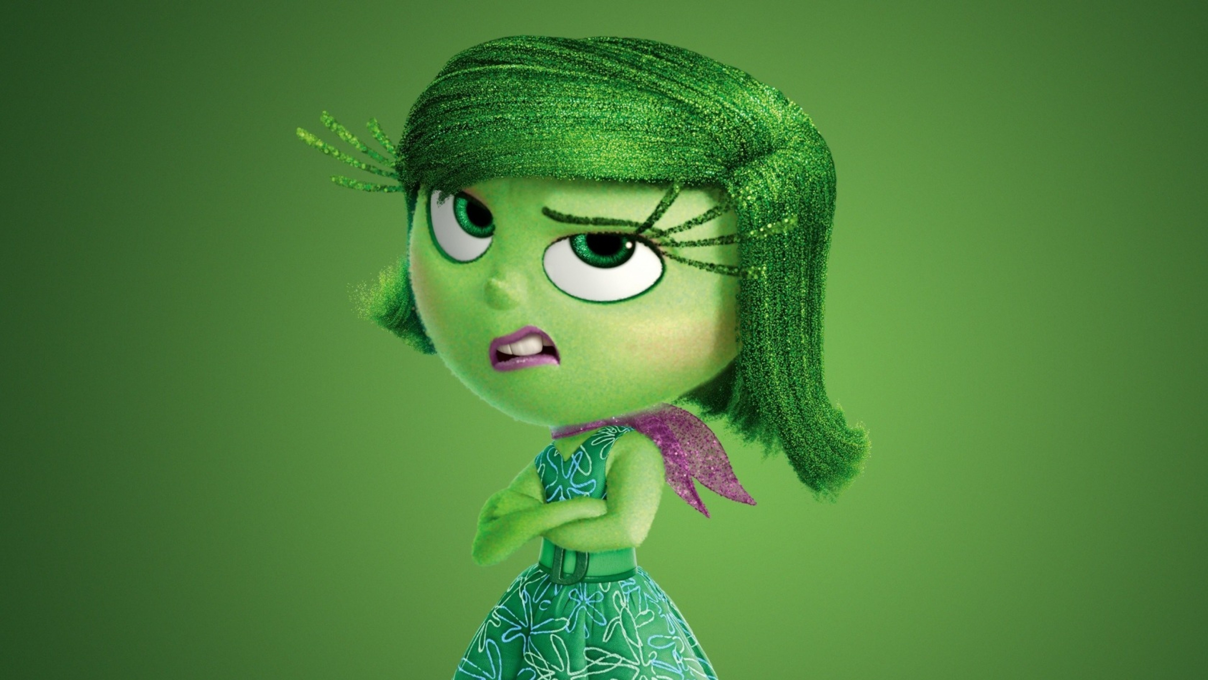 Disgusto, Inside Out, Sfondo verde, Smorfia, Pixar, 16:9 4K, wallpaper widescreen