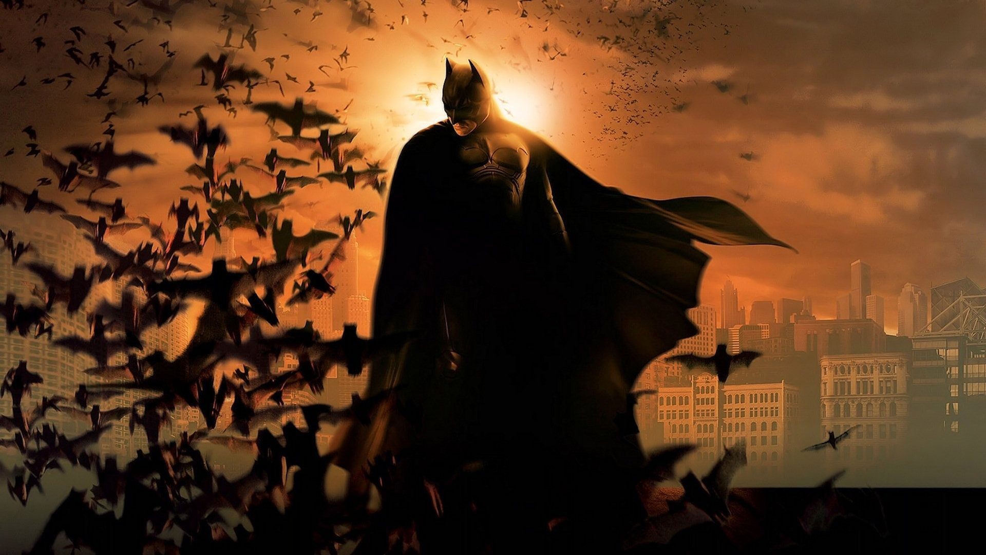 Batman, Batman Begins, Pipistrelli, Tramonto, Gotham City, 1920x1080, immagine di sfondo