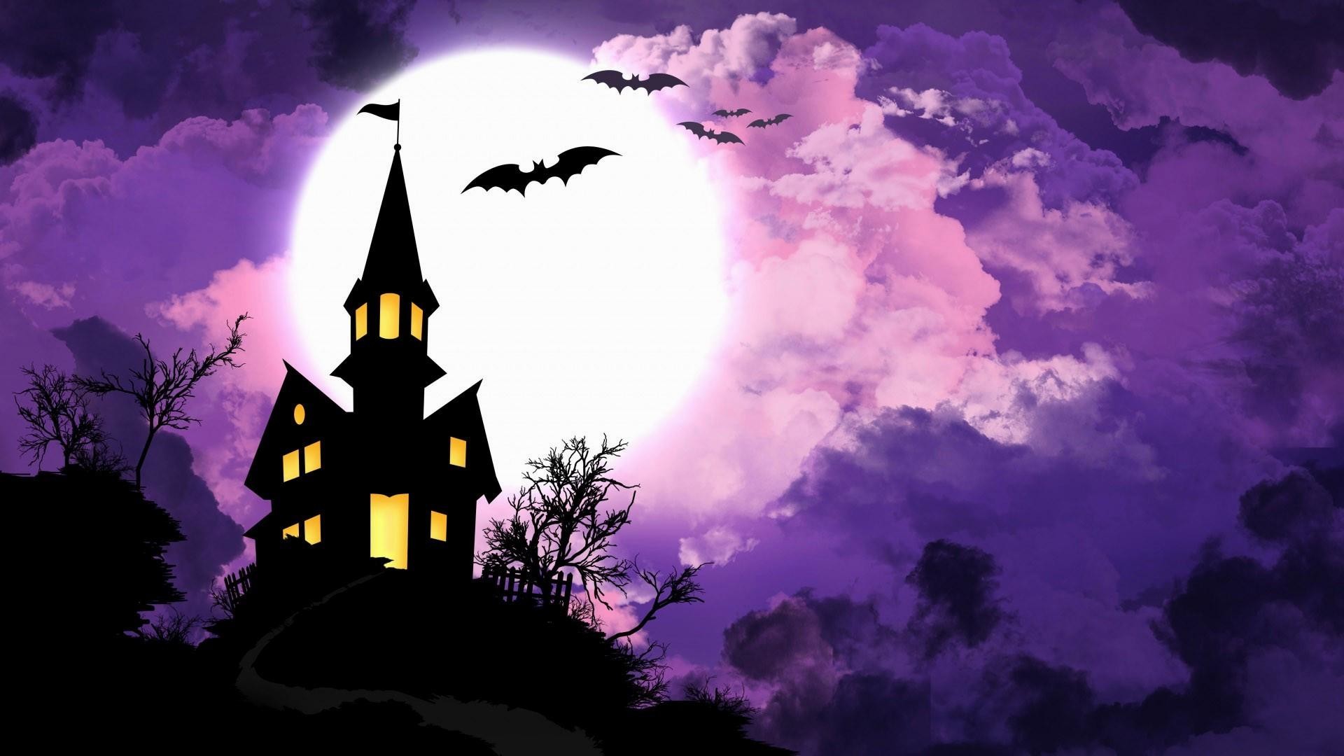 Castello stregato, Luna piena, Pipistrelli, Nuvole viola, Silhouette, wallpaper desktop Full HD