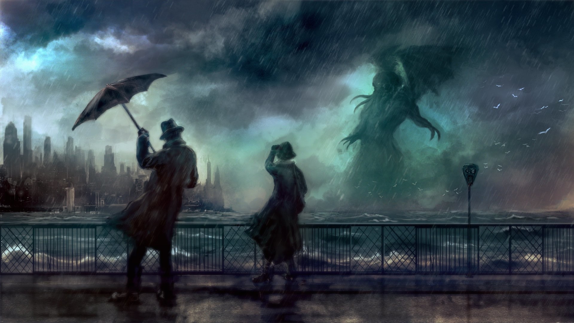 Cthulhu, H. P. Lovecraft, Città, Tempesta, Ombrello, Full HD, wallpaper per portatile
