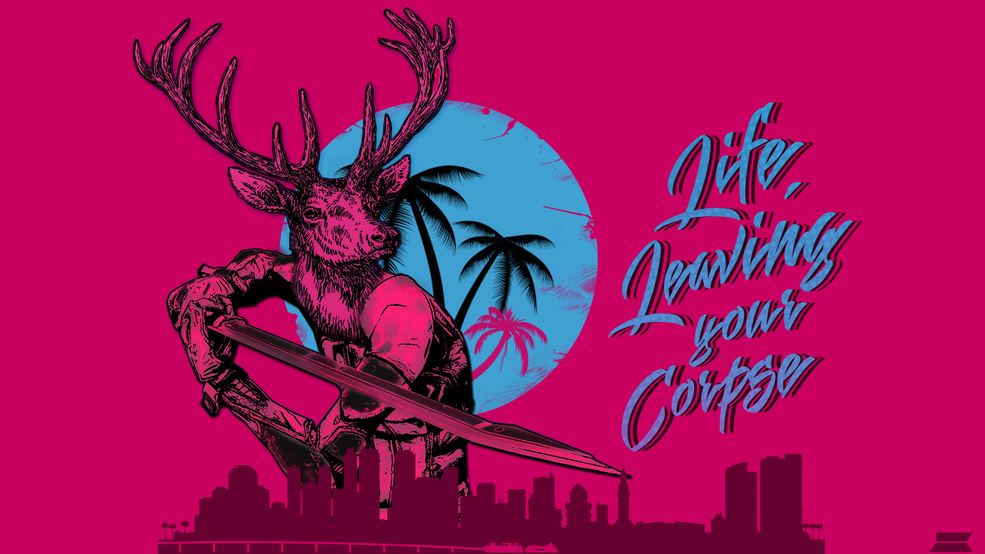 Hotline Miami 2: Wrong Number, Maschera da cervo, Palme, Sfondo magenta, wallpaper desktop Full HD