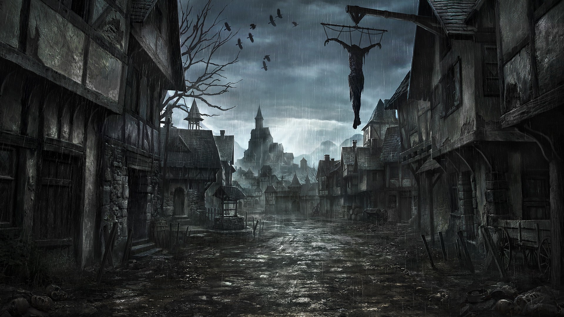 Villaggio gotico, Strada fangosa, Corvi, Arte fantasy, Atmosfera cupa, sfondo 16:9 Full HD