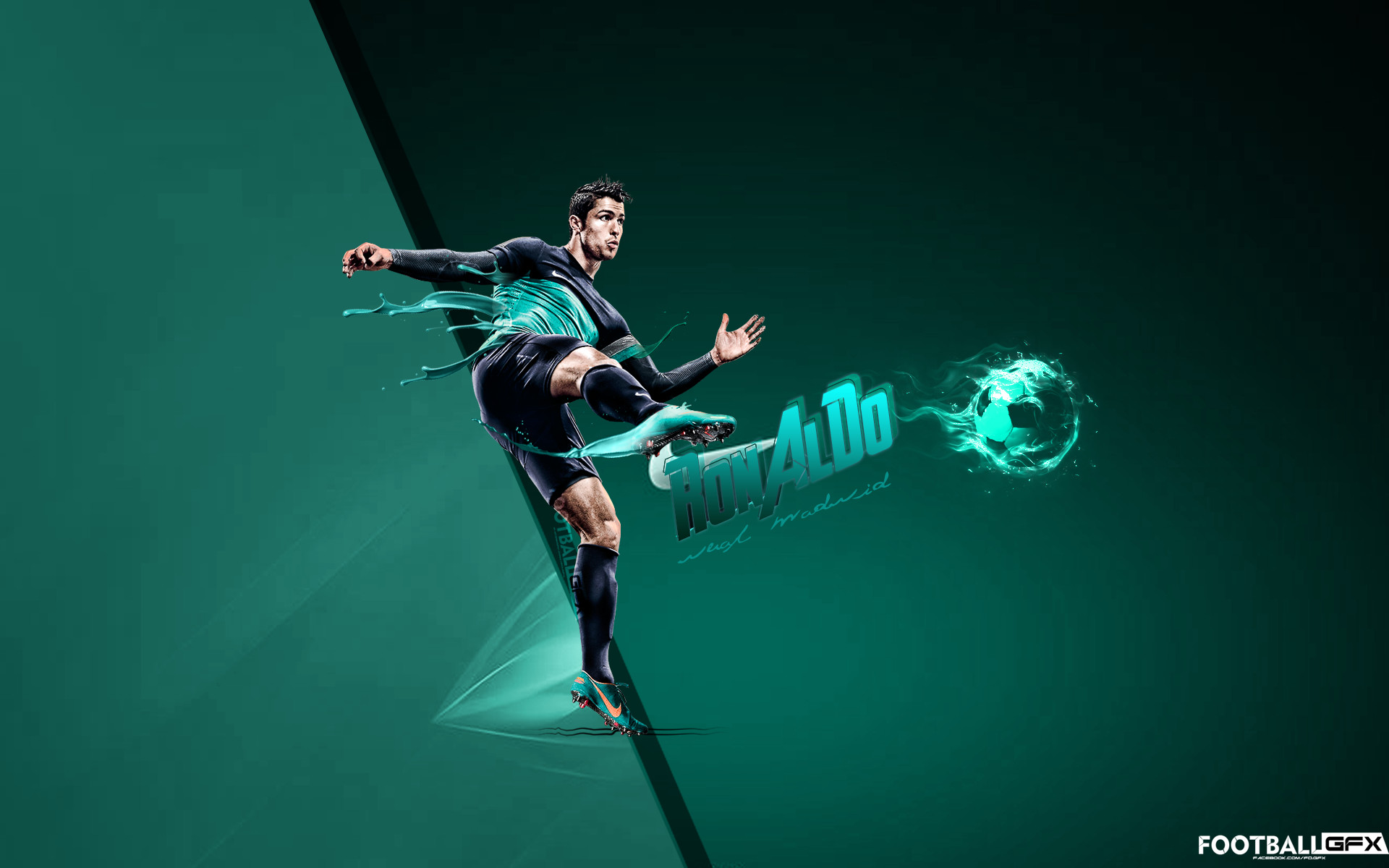 Cristiano Ronaldo, Rovesciata, Pallone, Verde acqua, Full HD, sfondo per PC