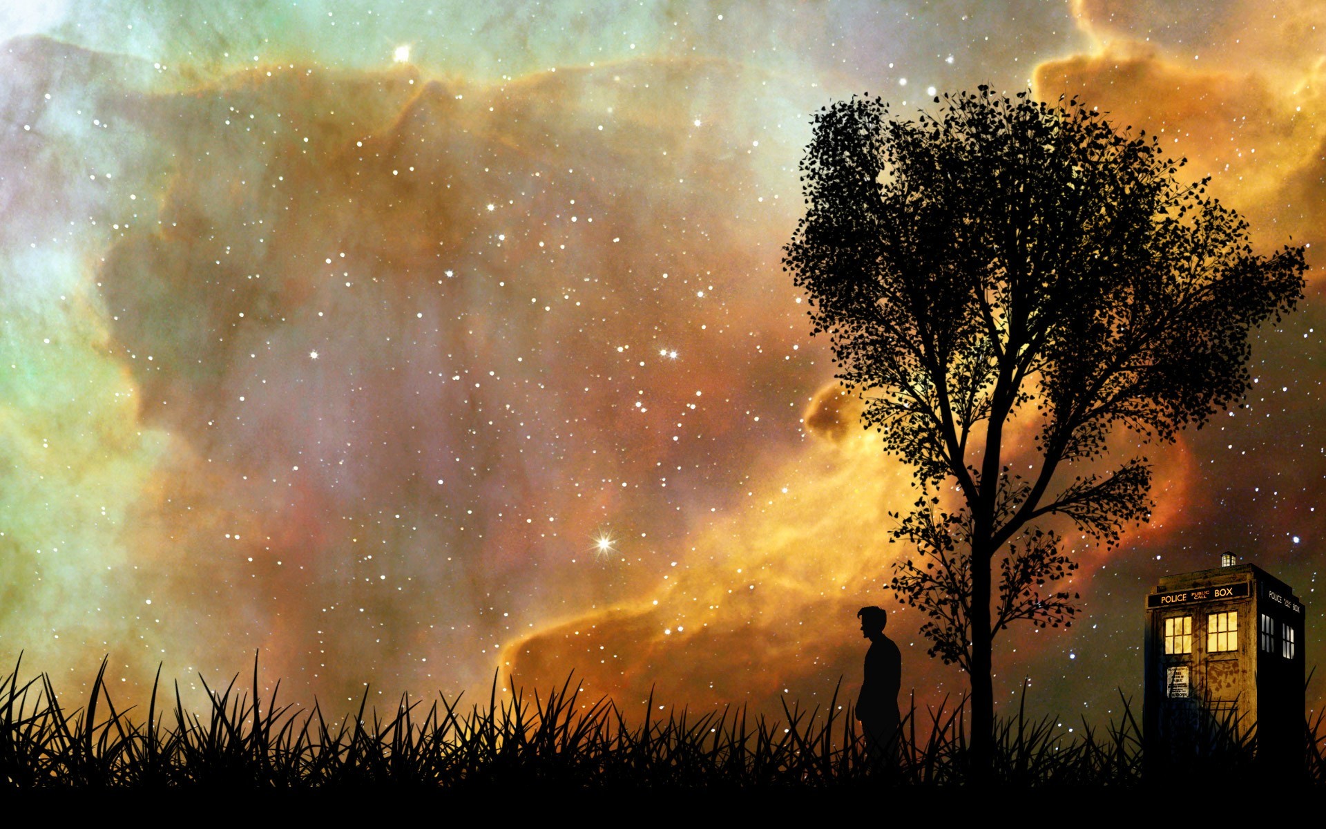 TARDIS, Doctor Who, Nebulosa, Albero, Silhouette, Cielo stellato, sfondo desktop 1920x1200