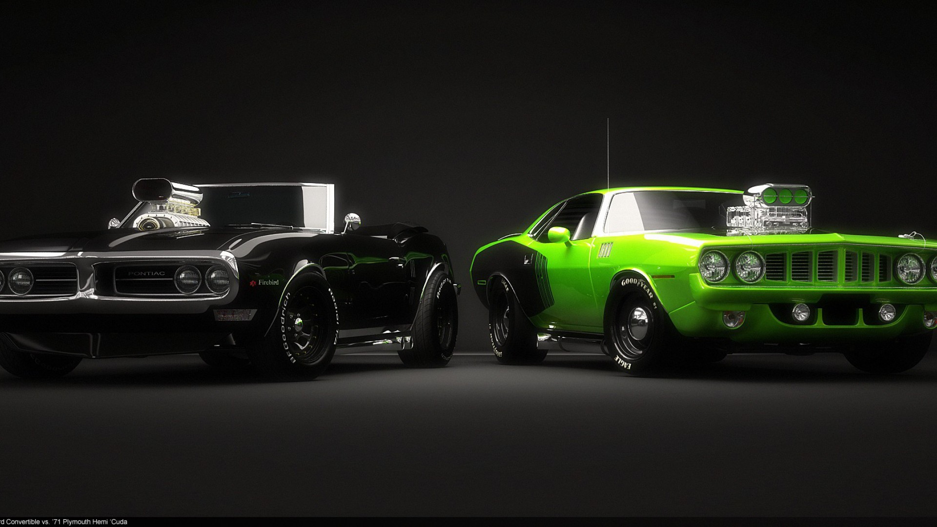 Plymouth Barracuda, Pontiac Firebird, Muscle car, Verde, 1920x1080, sfondo per PC
