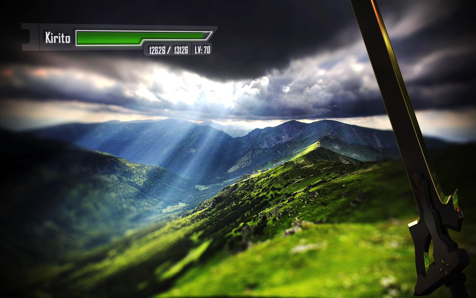 Sword Art Online, Spada, Montagne, Raggi di sole, Barra della vita, sfondo desktop 1920x1200