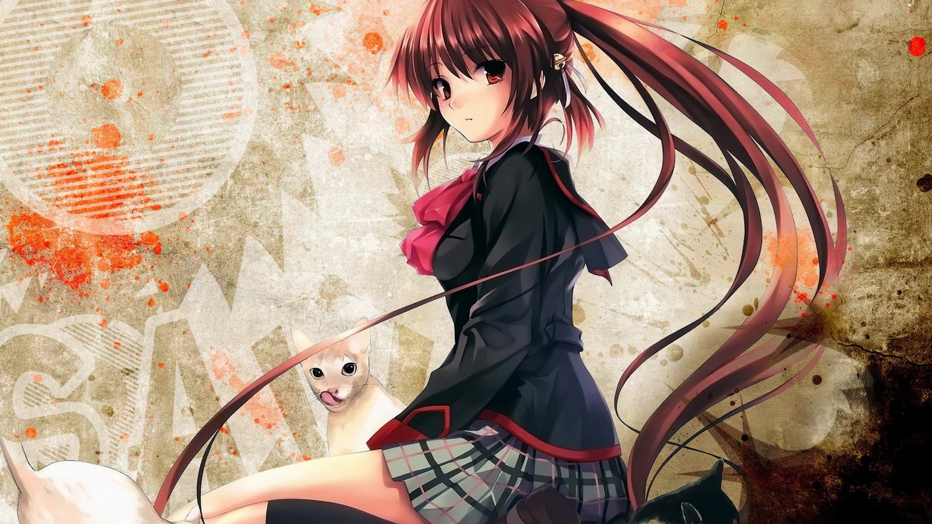 Ragazza anime, Gatto, Uniforme scolastica, Capelli lunghi, 1920x1080, sfondo per PC