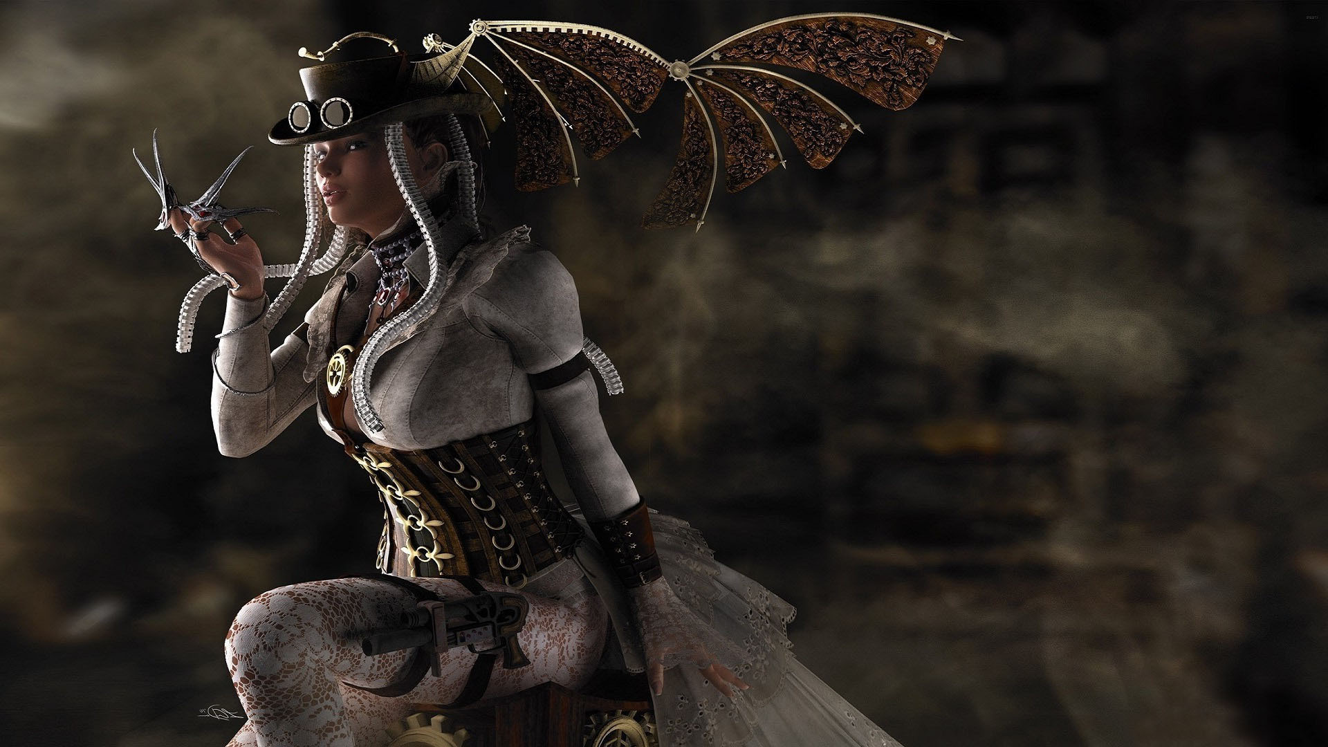 Donna steampunk, Corsetto, Ali meccaniche, Cappello a cilindro, Full HD, sfondo desktop