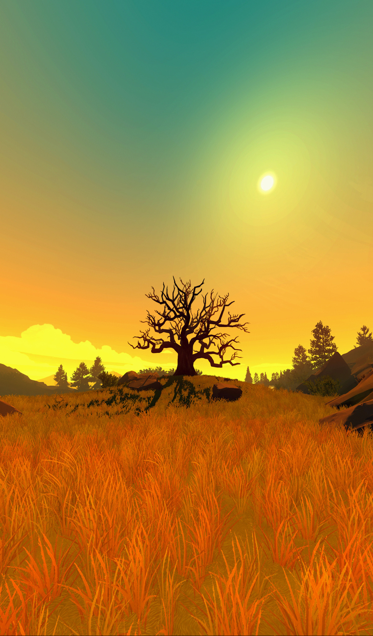 Firewatch, Albero solitario, Prateria, Sole, Full HD, schermata di blocco del cellulare