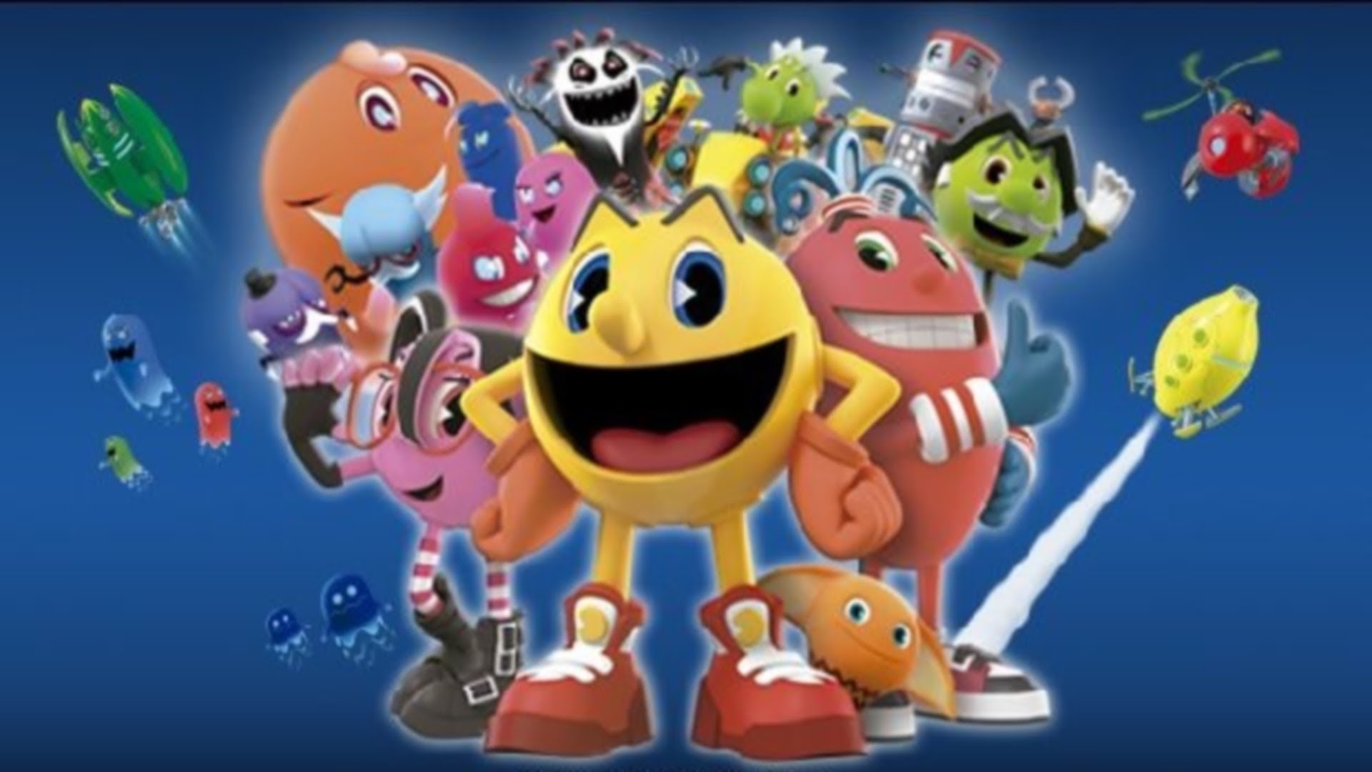 Pac-Man e le avventure mostruose, Pac-Man, Fantasmi, Animazione 3D, Sfondo blu, wallpaper Full HD