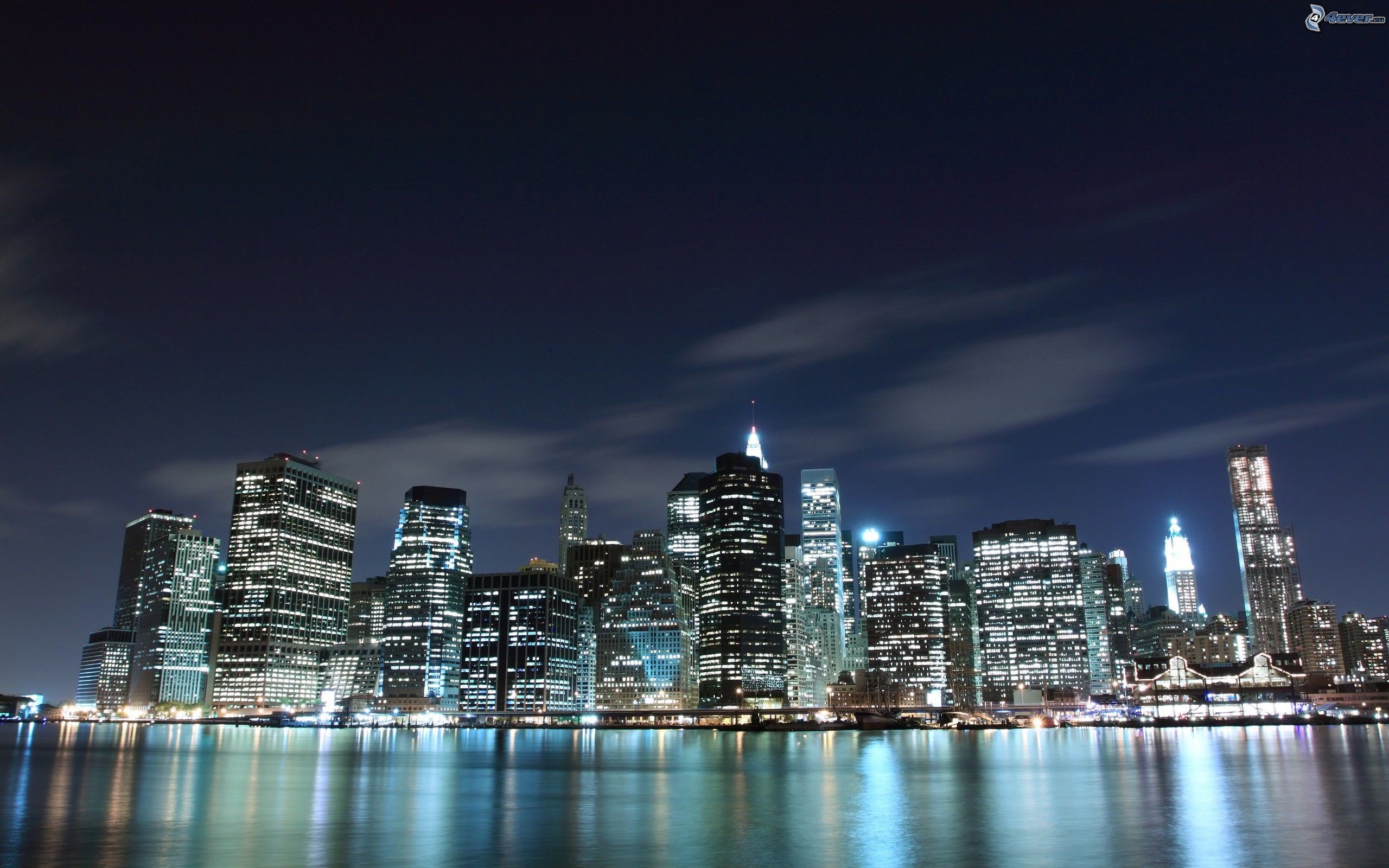 Manhattan, New York, Skyline, Riflesso, Notte, 2K, sfondo per portatile