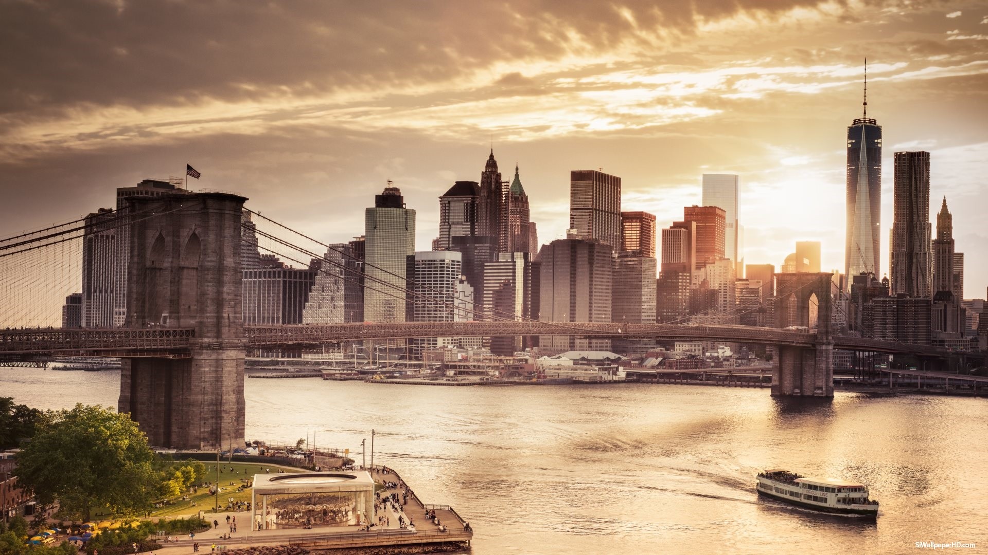 Ponte di Brooklyn, Lower Manhattan, One World Trade Center, Tramonto, sfondo Full HD per computer