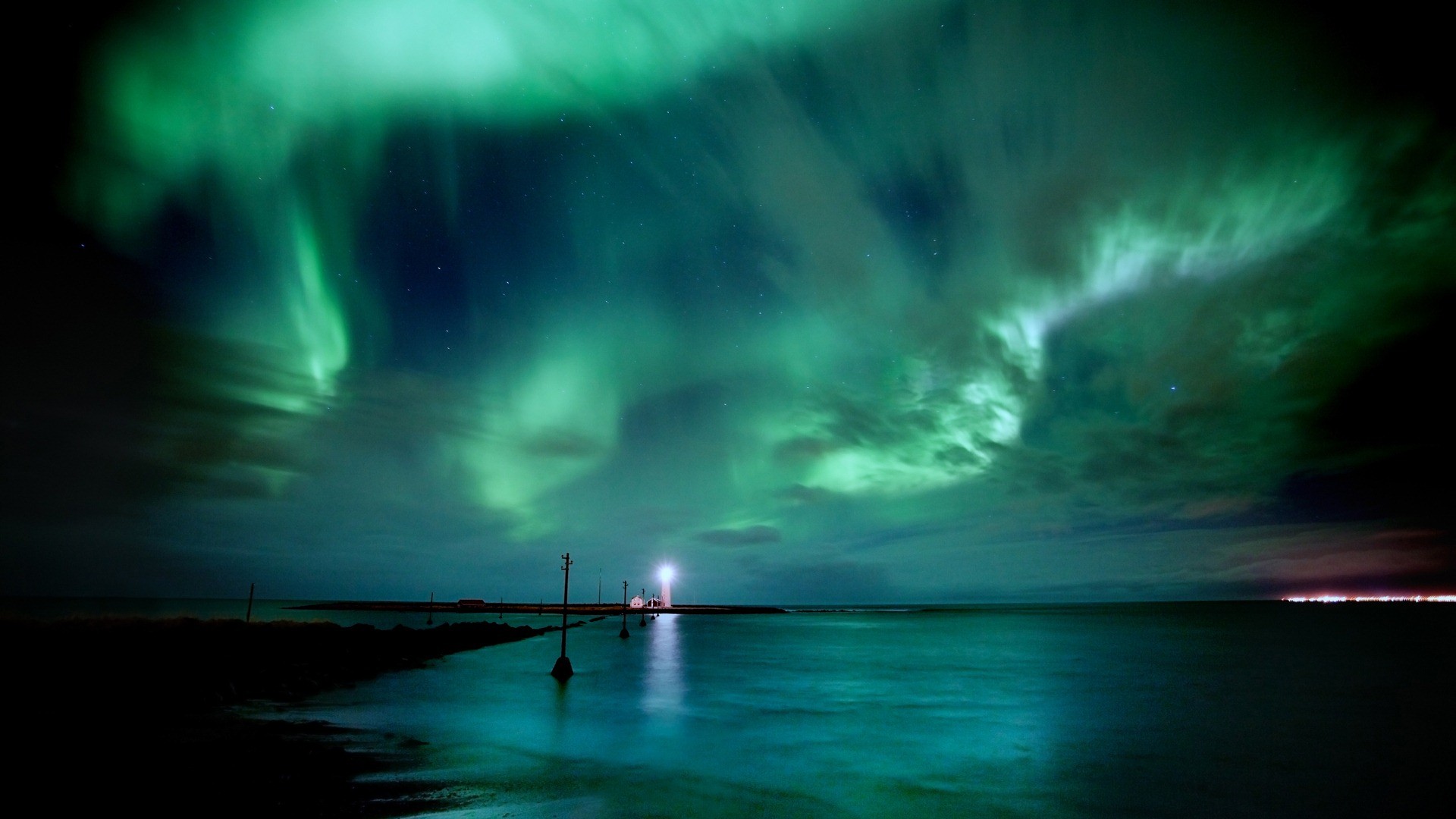 Aurora boreale, Faro, Notte, Mare, Verde, sfondo PC