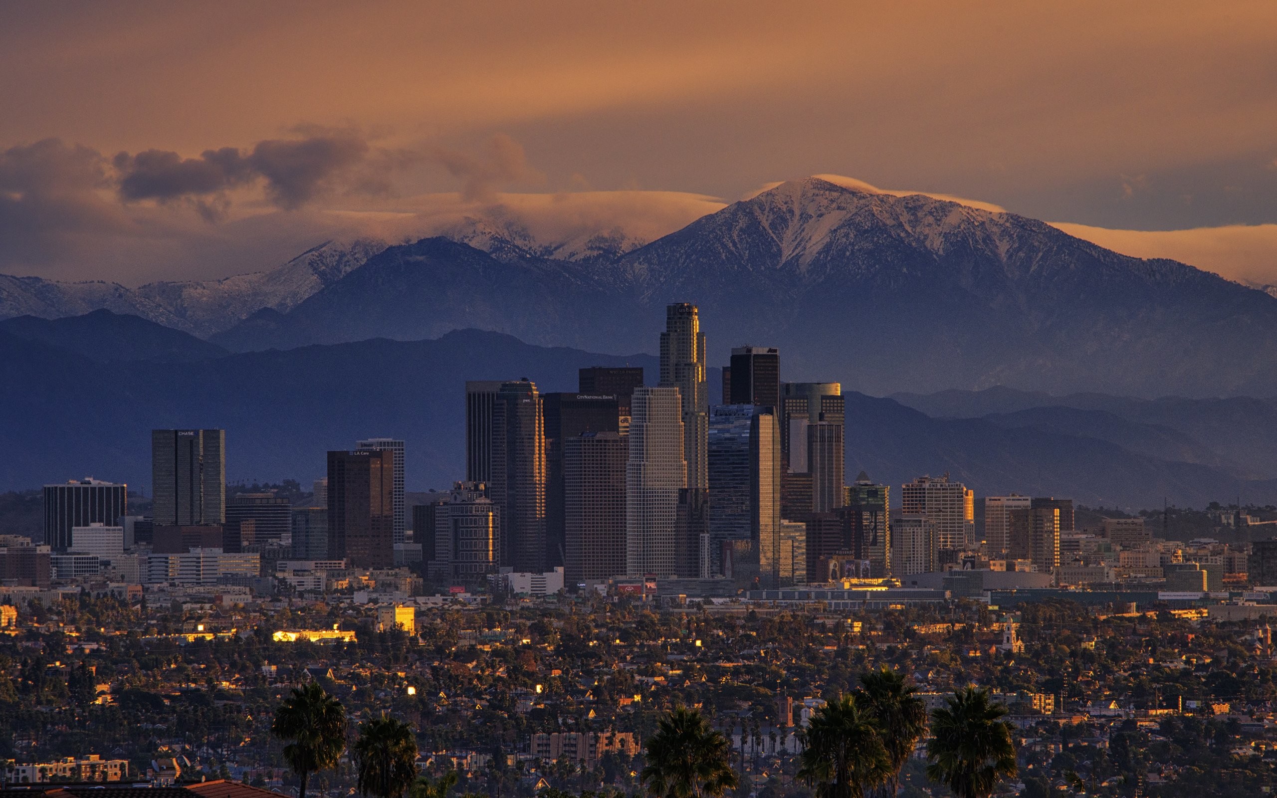 Downtown Los Angeles, Monti San Gabriel, Mount Baldy, Skyline, 2K, wallpaper per PC