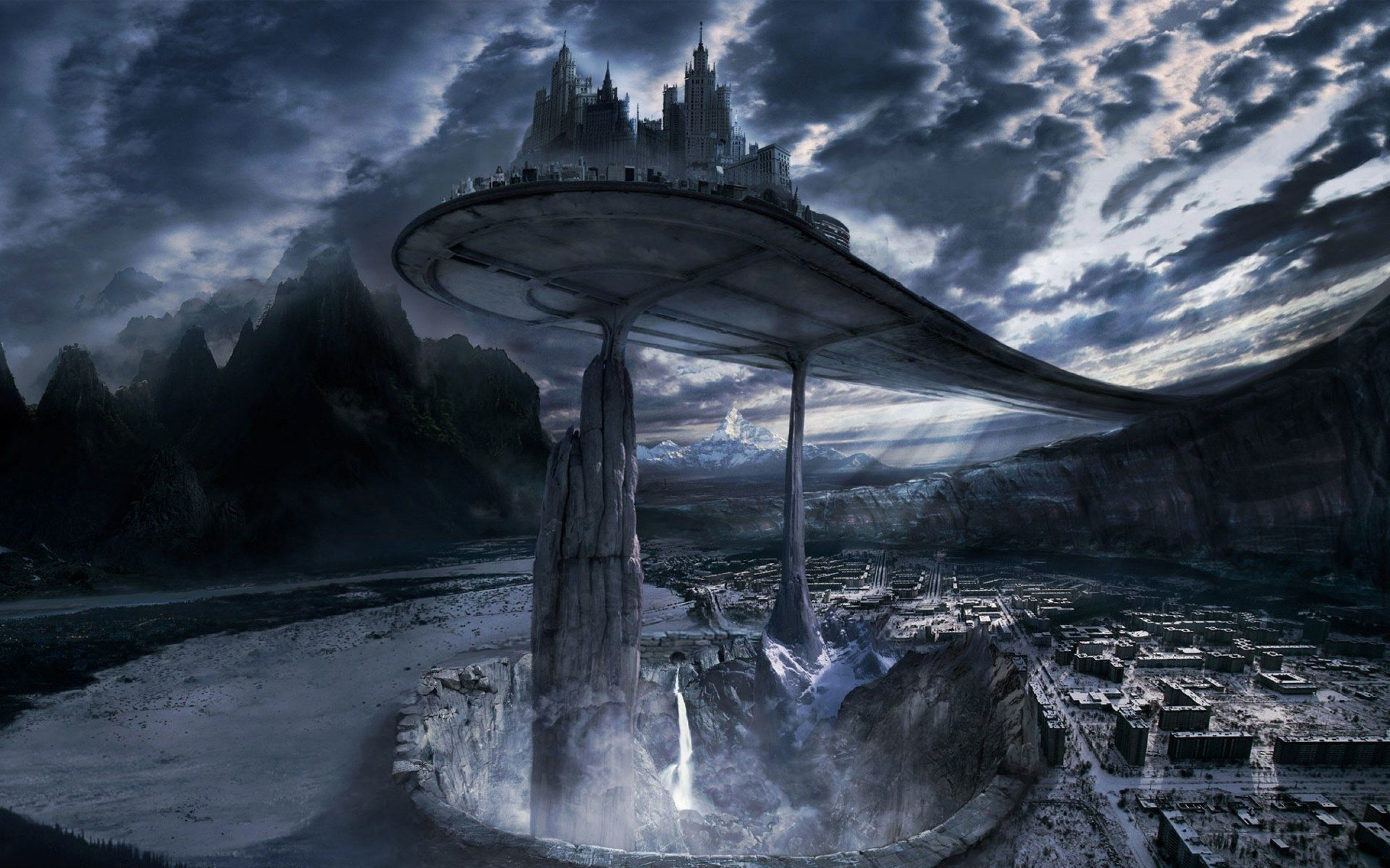 Città fluttuante, Torre, Cielo tempestoso, Arte fantasy, 16:10 2K, wallpaper widescreen