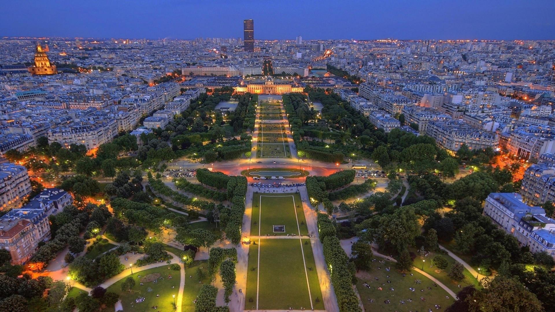 Champ-de-Mars, Tour Montparnasse, Parigi, Vista aerea, Sera, Full HD, wallpaper per portatile