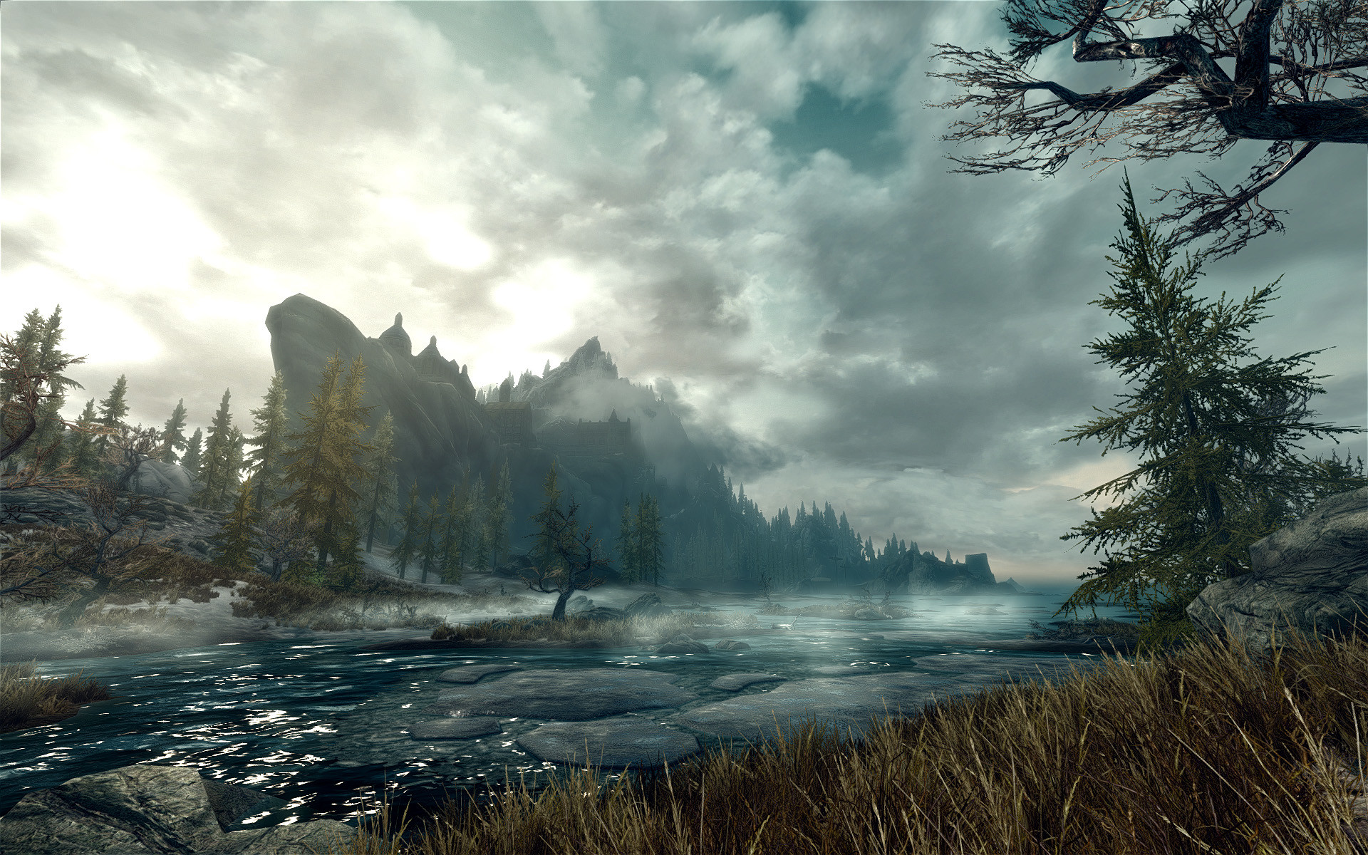 The Elder Scrolls V: Skyrim, Fiume, Foresta, Nuvole, 1920x1200, sfondo per PC