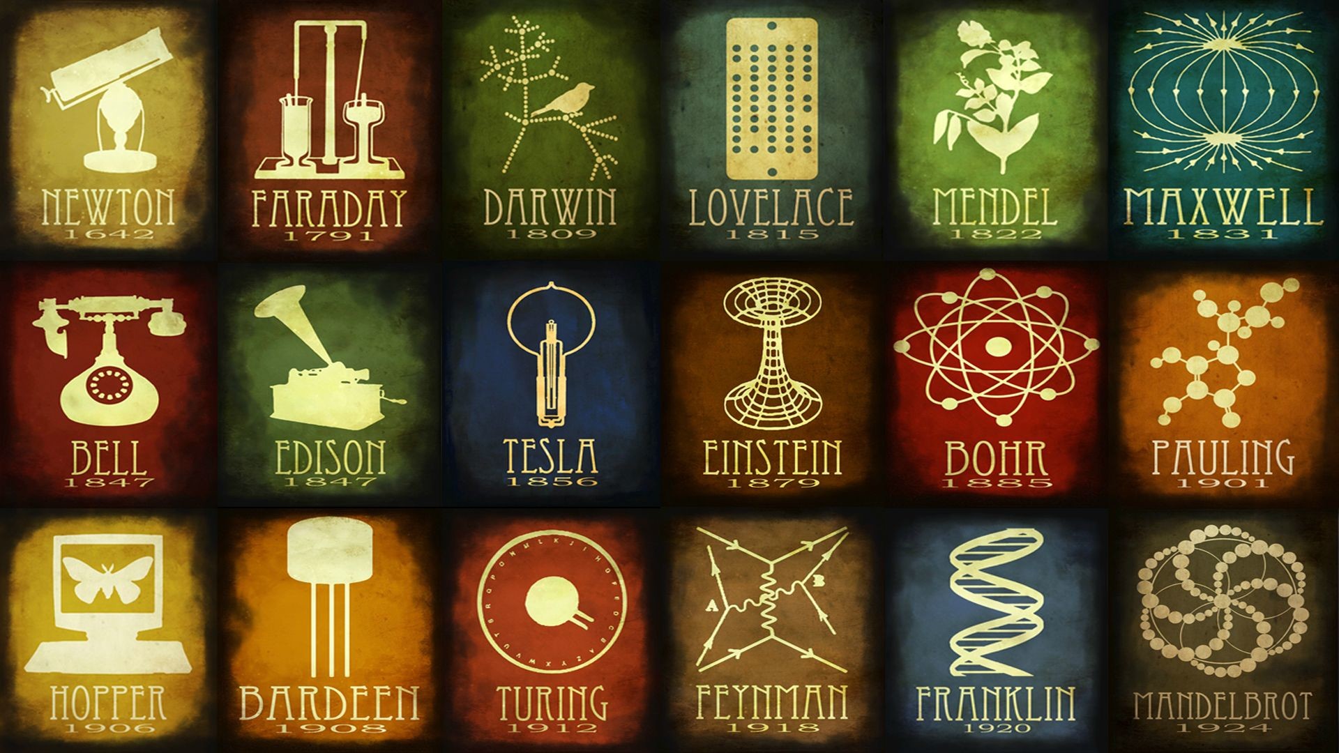 Newton, Darwin, Einstein, Tesla, Ritratti di scienziati, Poster vintage, sfondo per portatile