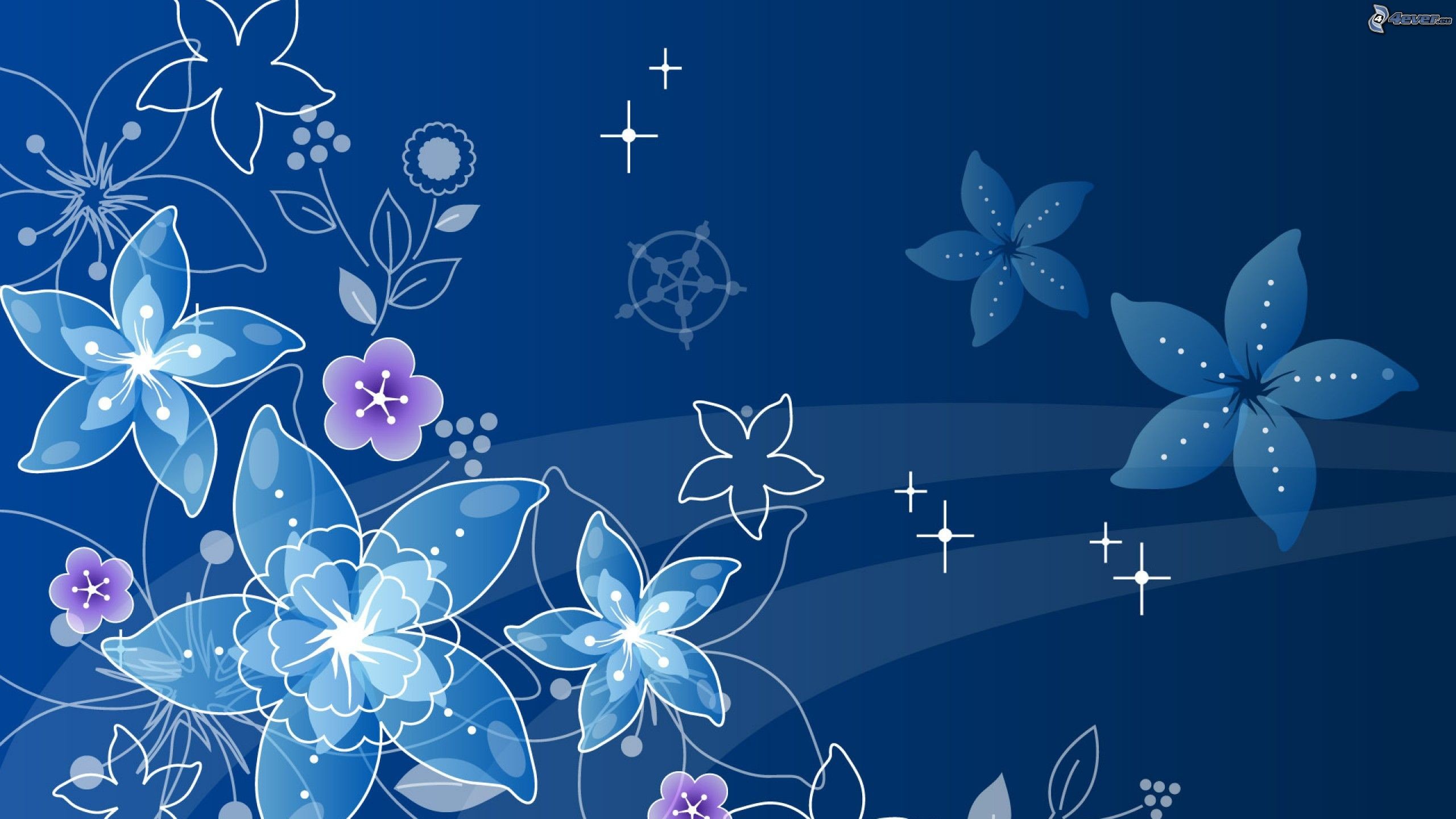 Fiori stilizzati, Illustrazione, Blu, Stelline, 2K, sfondo per PC