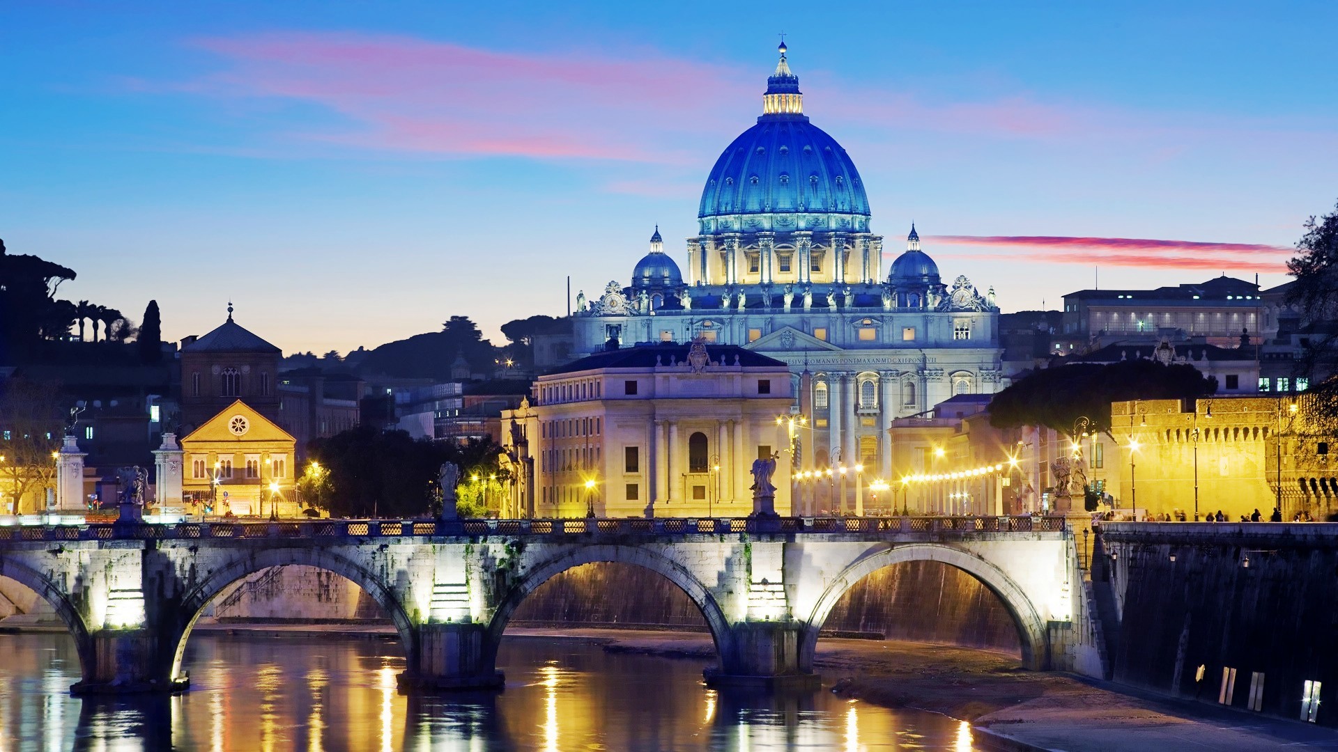 Basilica di San Pietro, Ponte Sant'Angelo, Tevere, Roma, Notte, Full HD 1080p, sfondo desktop