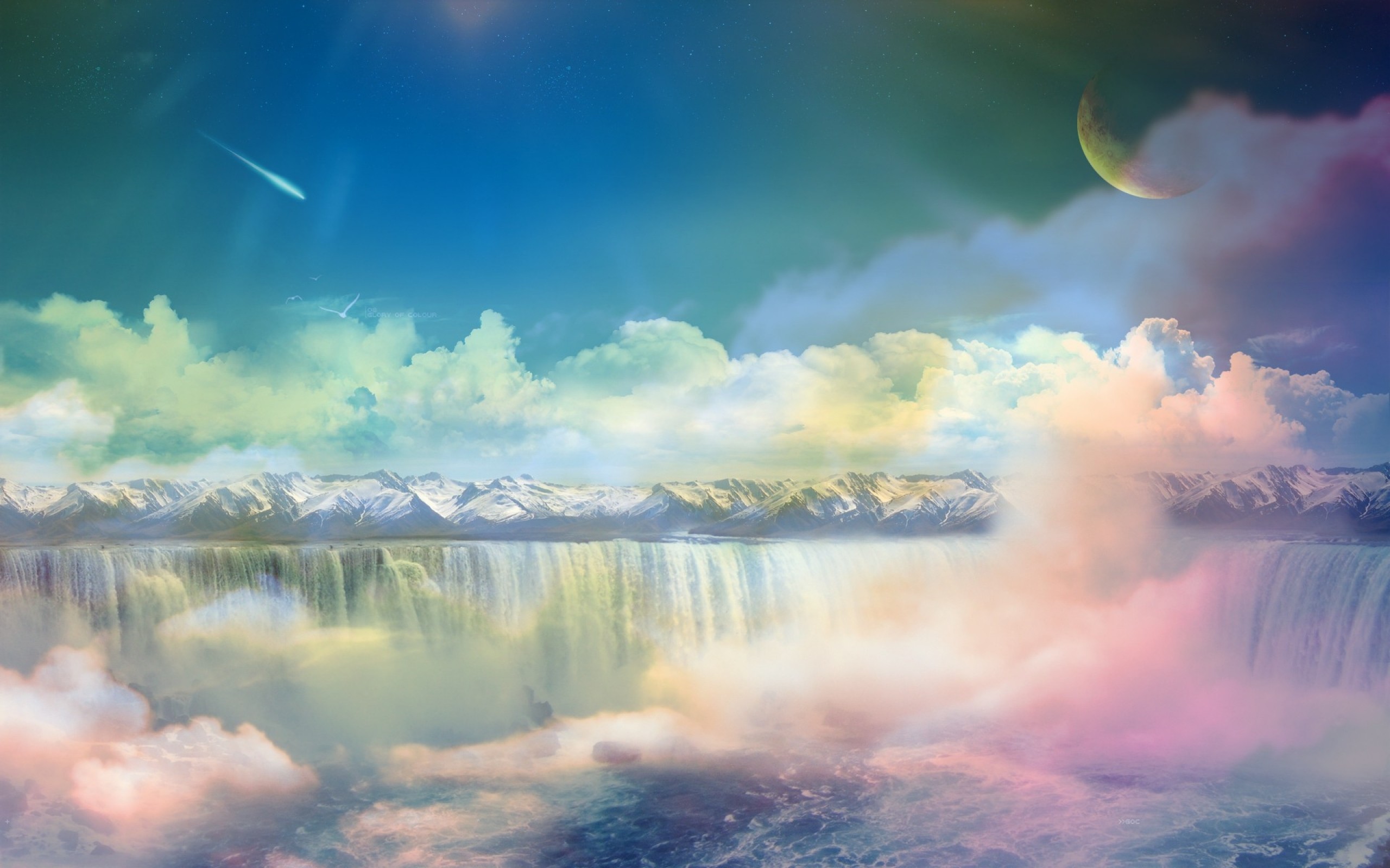 Cascata, Nuvole, Fantasia, Luna, 2K, wallpaper per PC