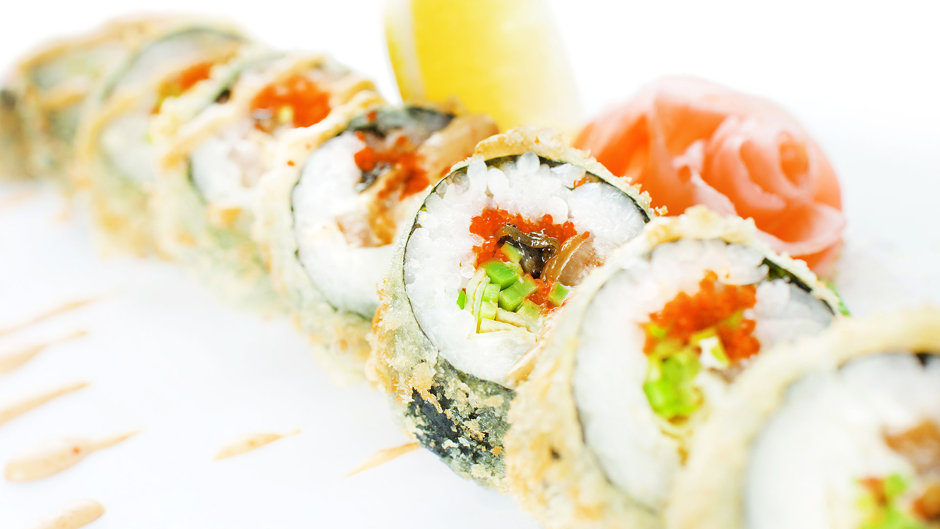Tempura roll, Sushi, Zenzero, Sfondo bianco, 16:9 Full HD, wallpaper widescreen