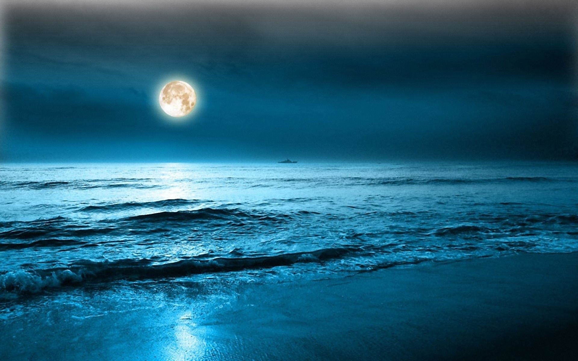 Luna piena, Mare, Onde, Notte, 16:10 Full HD, sfondo widescreen