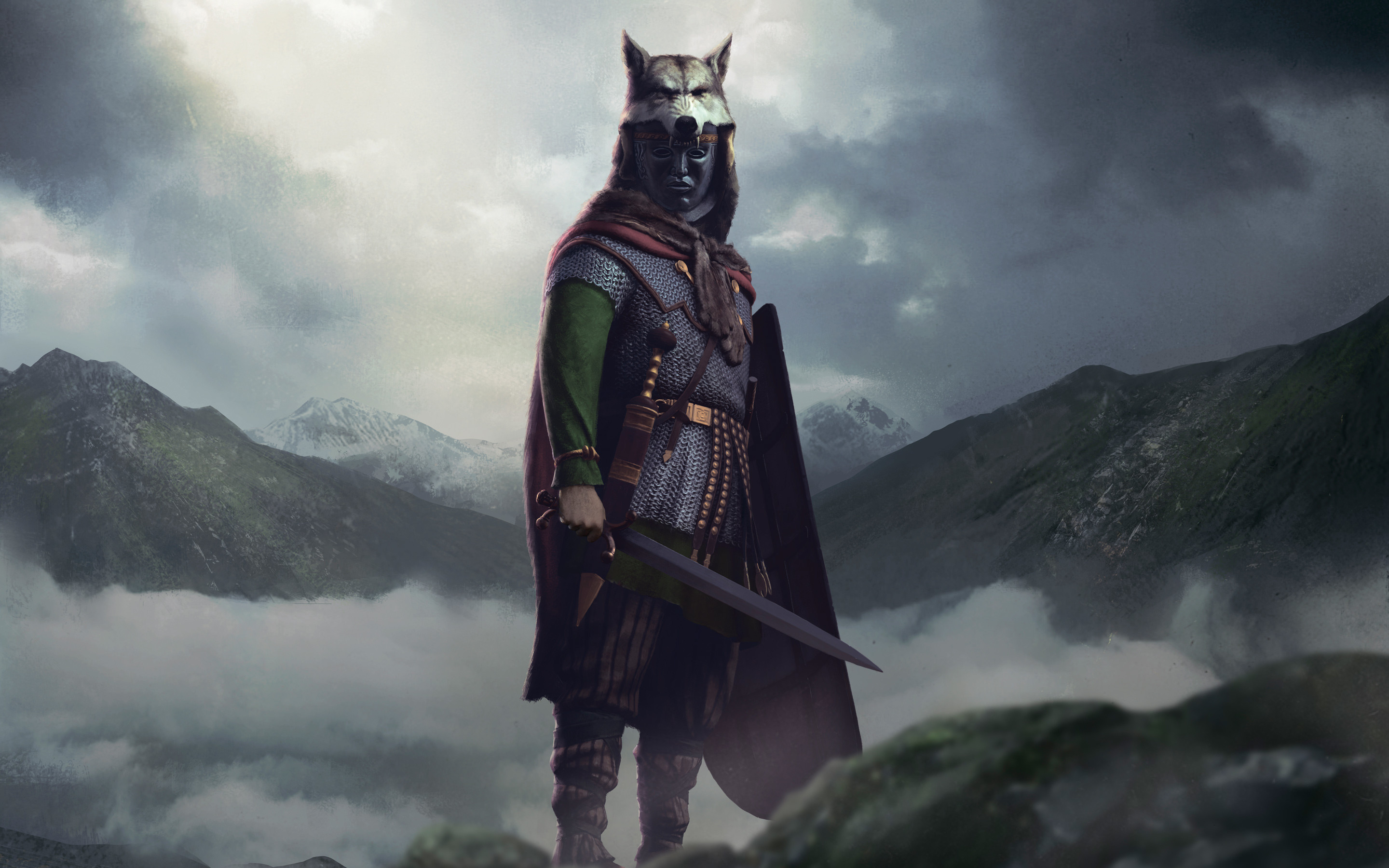 Guerriero, Elmo di lupo, Montagne, Nebbia, Arte fantasy, 2K, wallpaper desktop