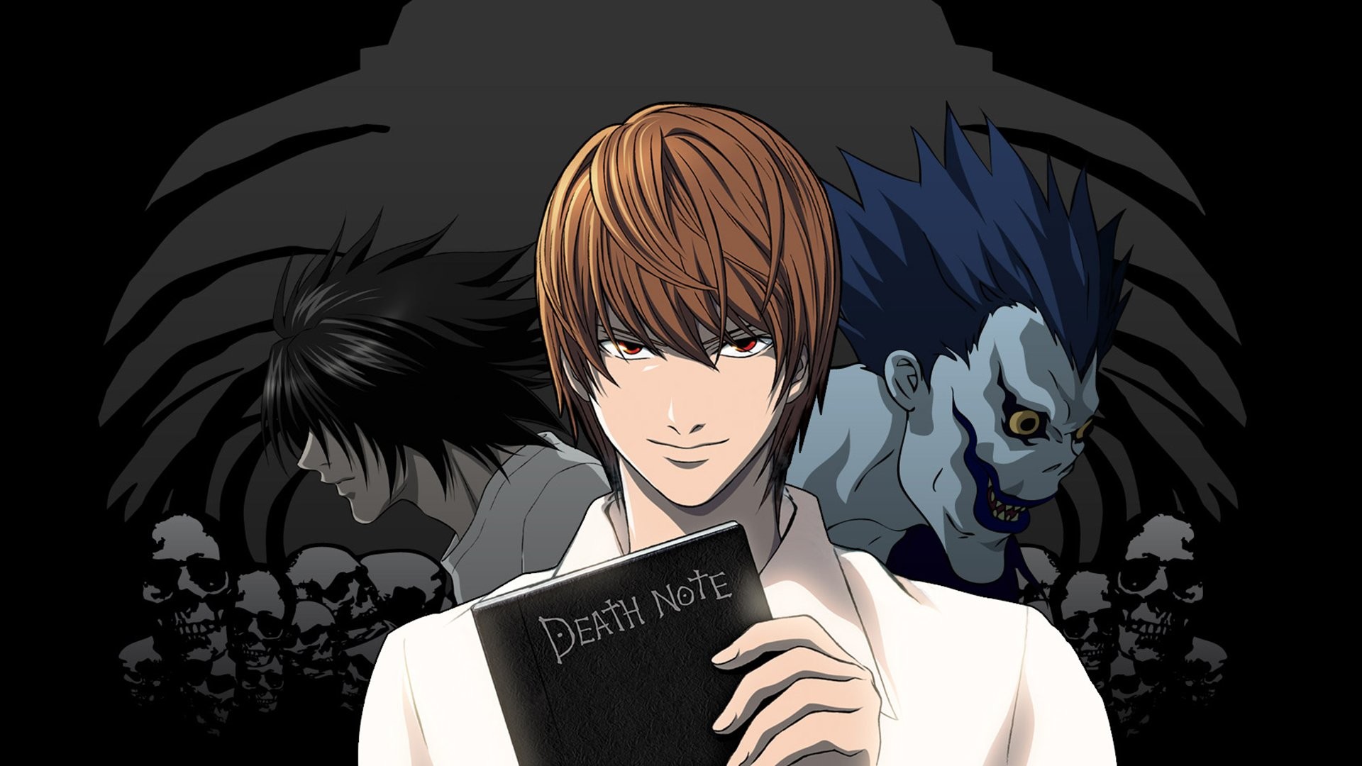 Ryuk, Light Yagami, L, Death Note, Quaderno, Teschi, 16:9 Full HD, sfondo widescreen