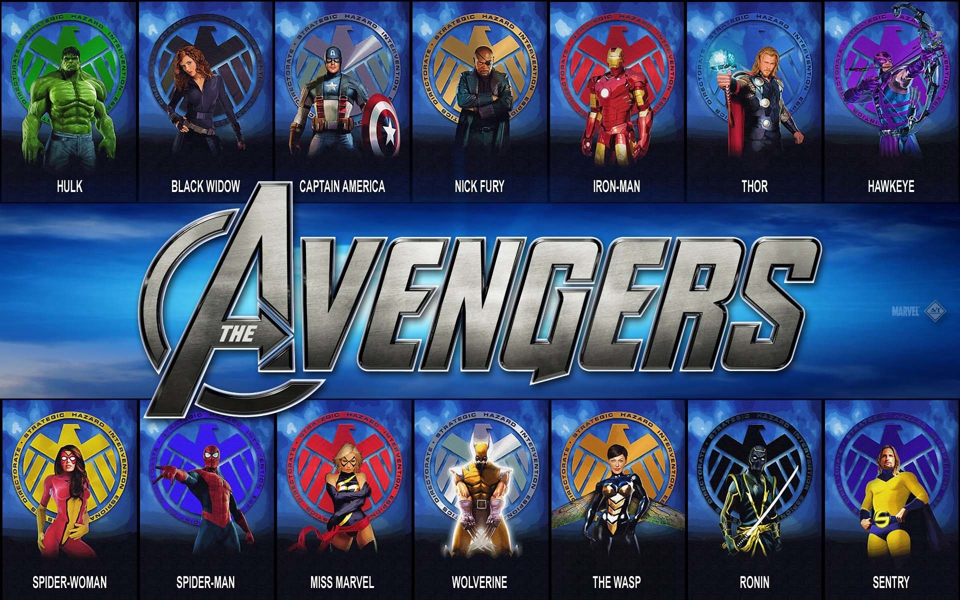 Logo Avengers, Hulk, Capitan America, Iron Man, Thor, Wolverine, Spider-Man, immagine di sfondo