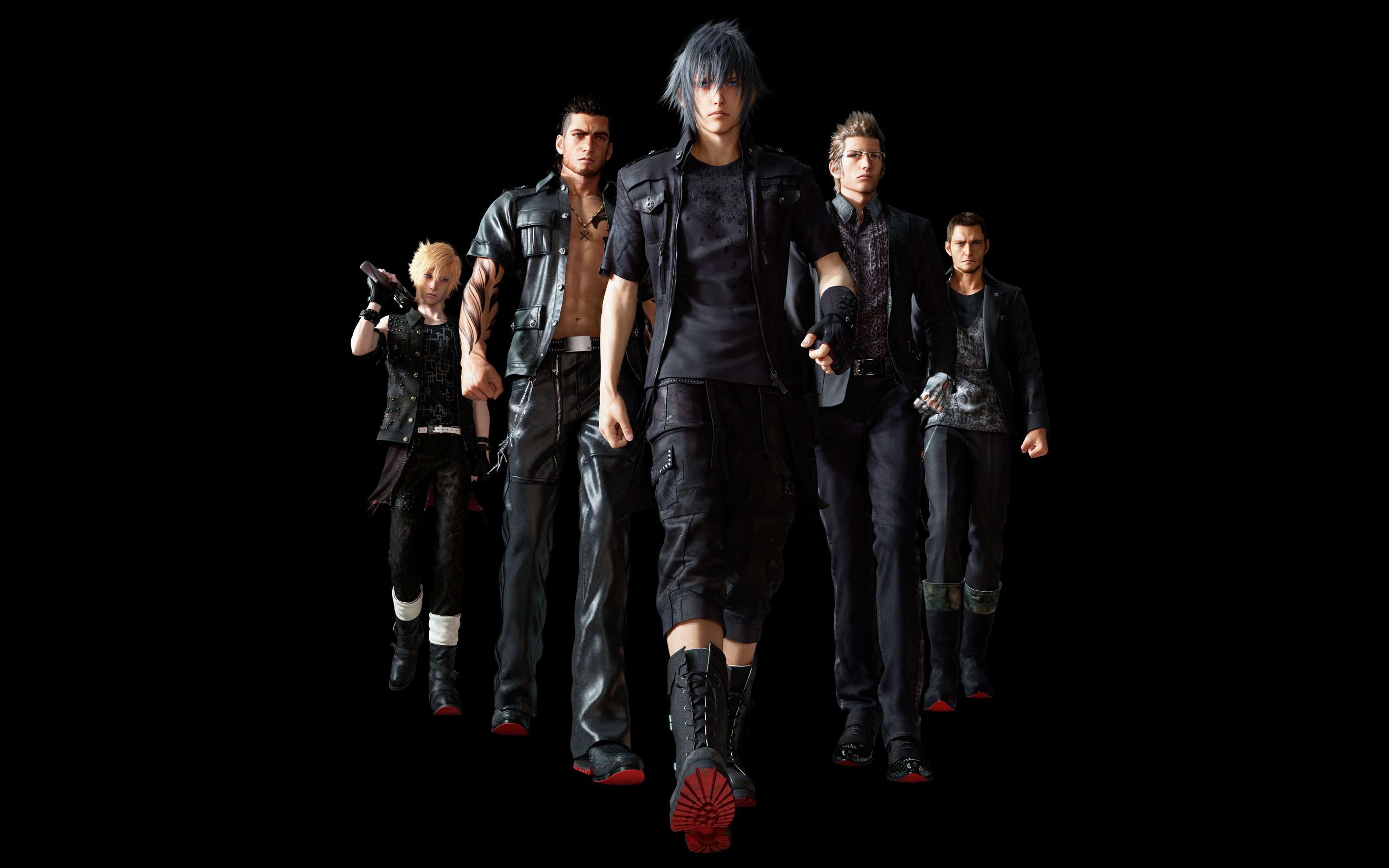 Noctis Lucis Caelum, Gladiolus Amicitia, Prompto Argentum, Ignis Scientia, Final Fantasy XV, Sfondo nero, wallpaper desktop